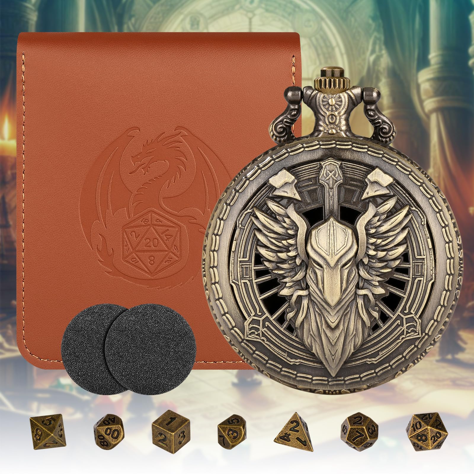 Mini Dice Set including Bronze Hollow Paladin Knight Warrior Pocket Watch Shell Case, D&D Gifts with Dice Bag - Image 2