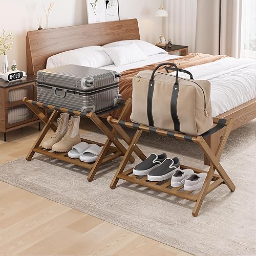Miniatura 66 de Smuxee Portaequipajes de nogal totalmente montado, soporte de maleta plegable de bambú mejorado con 5 correas de nailon, soporte de equipaje