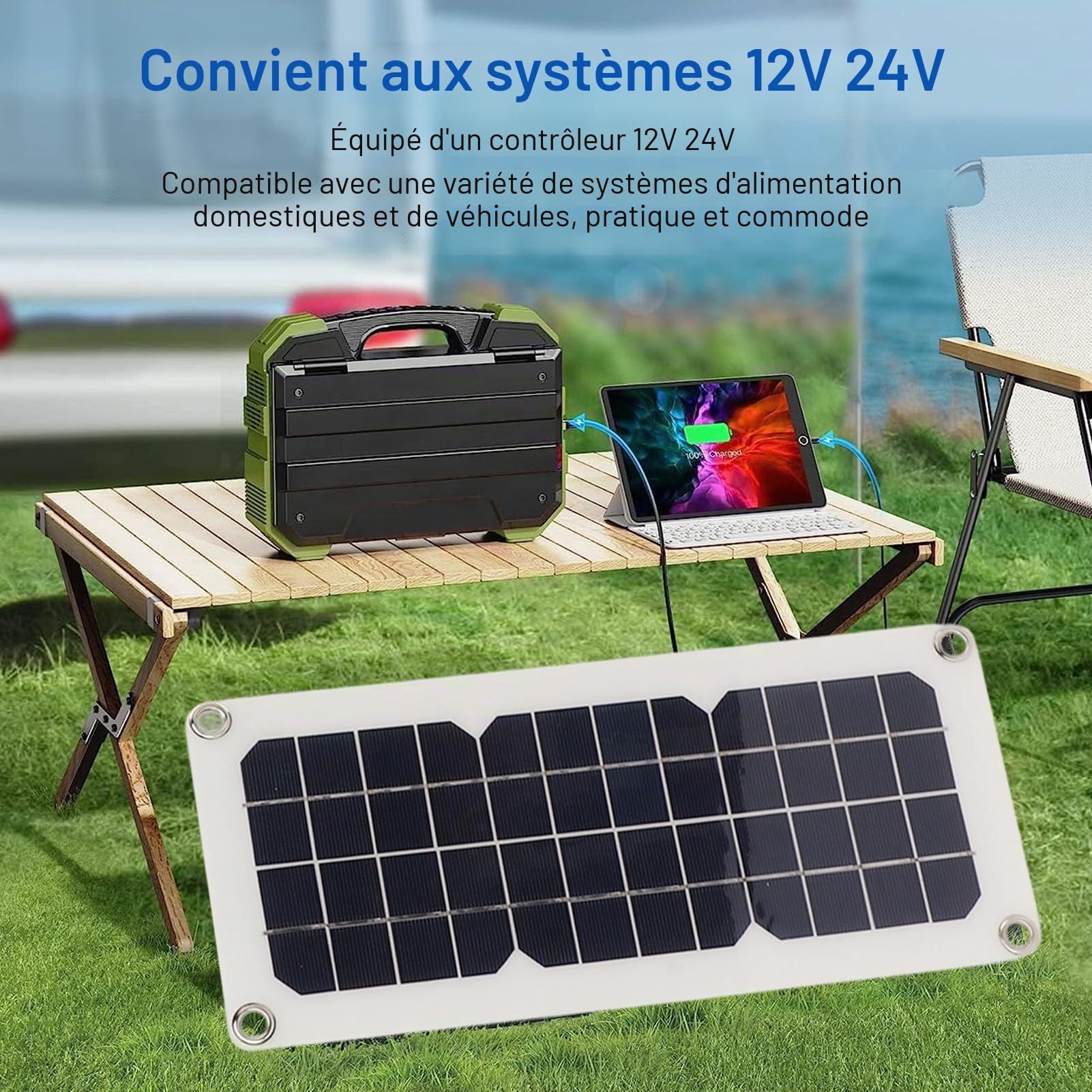 Fockety Kit Panneau Solaire, Panneau Solaire monocristallin étanche de 30W avec Double Sortie USB 18V 5V, régulateur de Solaire 12V 24V, Clip Batterie pour VR, Camping-Car