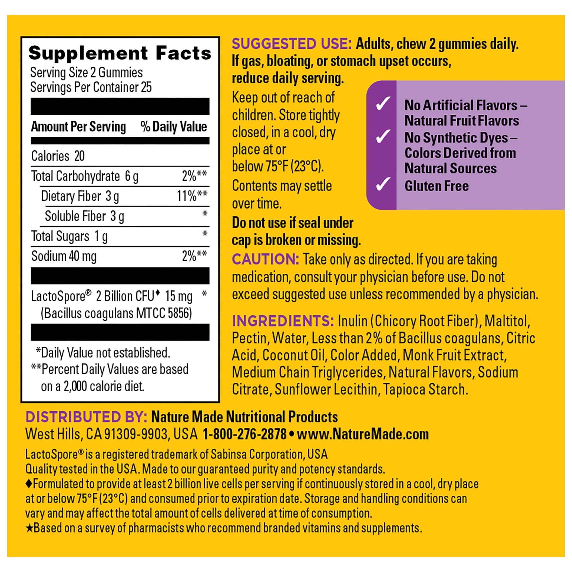 Nature Made Probiotic + Prebiotic Fiber Gummies for Daily Gut Health, Digestive Support Supplement with Probiotics and Fiber, 50 Gummies, 25 Day Supply