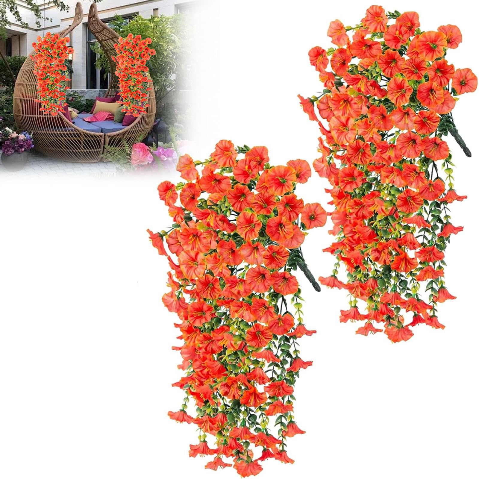 Toyzly Orange 2Pcs Hanging Baskets Artificial Flowers, Fake Morning Glory Artificial Hanging Flowers For Outdoor, Faux Silk Mums & Violets, Hanging Plants For Garden Balcony Porch Spring Decor (Orange)
