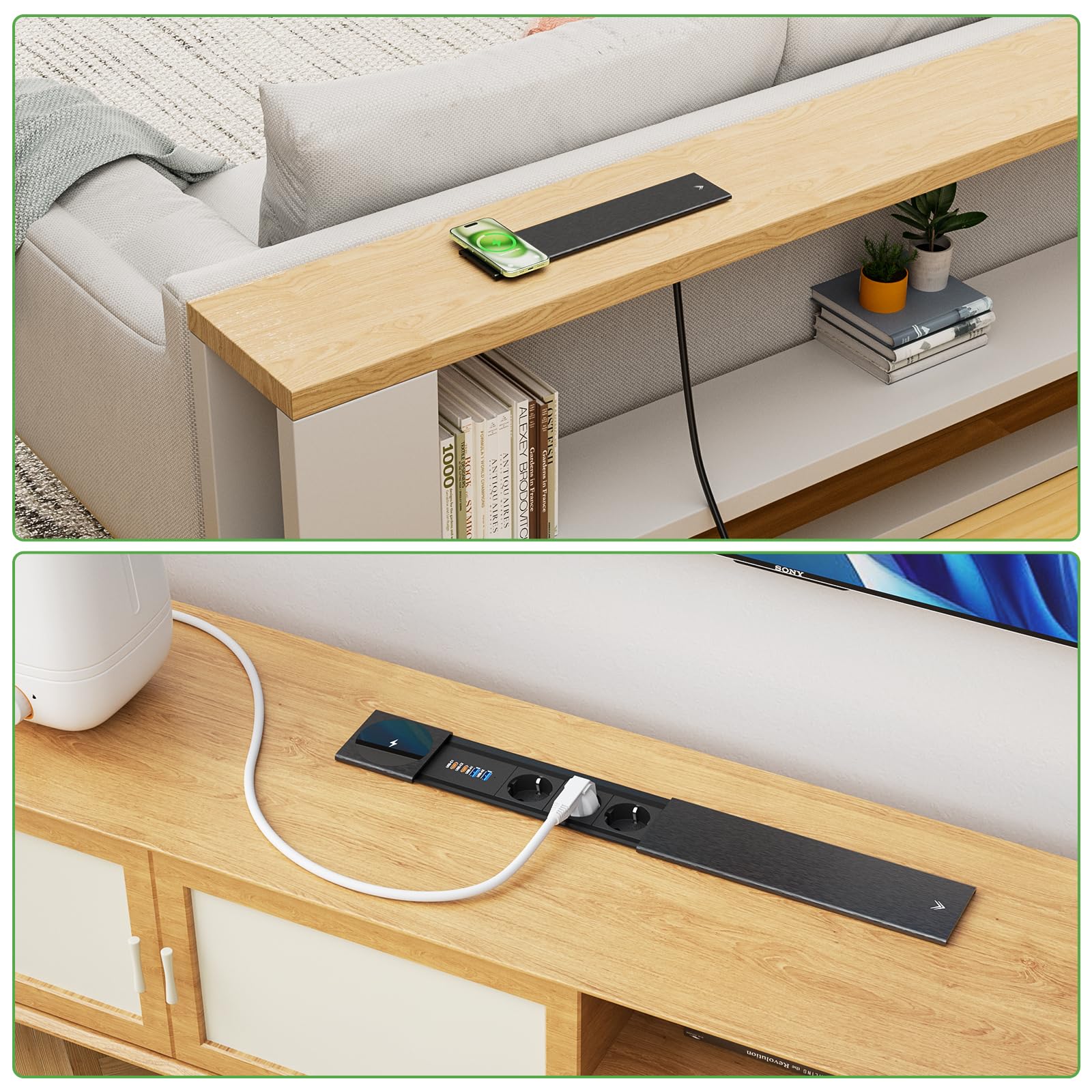 Listwa zasilająca z 3 gniazdami USB C PD20 W, do zabudowy, z USB i bezprzewodową ładowarką 15 W, metalowa pokrywa, wpuszczane gniazdko, do kuchni, biura, czarna, kabel 2