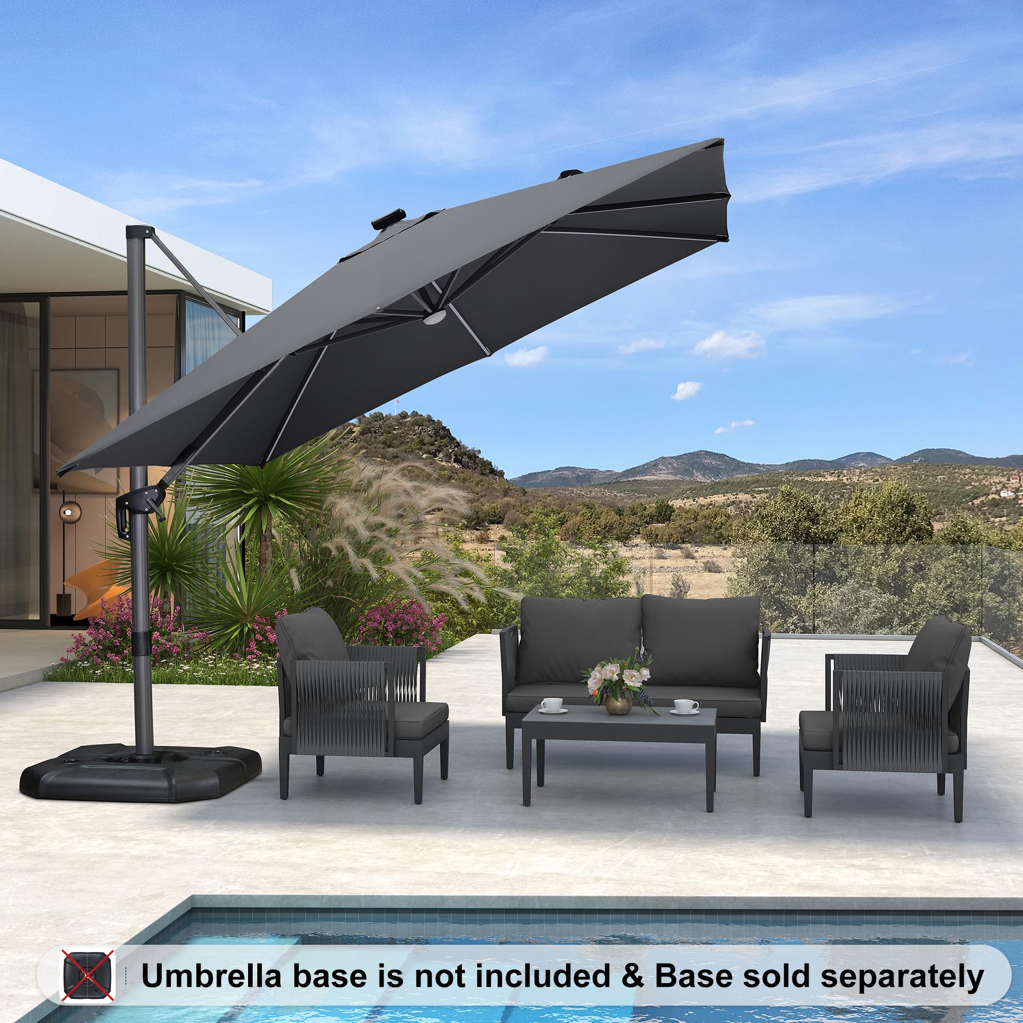 PURPLE LEAF Cantilever Patio Umbrella 10' x 10' with LED Light, Light Grey