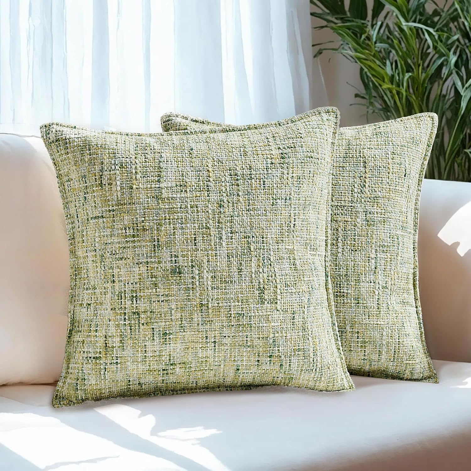 HAUSSY Light Green Throw Pillow Covers 18x18 Set of 2 Chenille Tweed Textured Decorative Couch Pillow Covers Neutral Modern Pillow Cases for Sofa Bed Living Room Decor