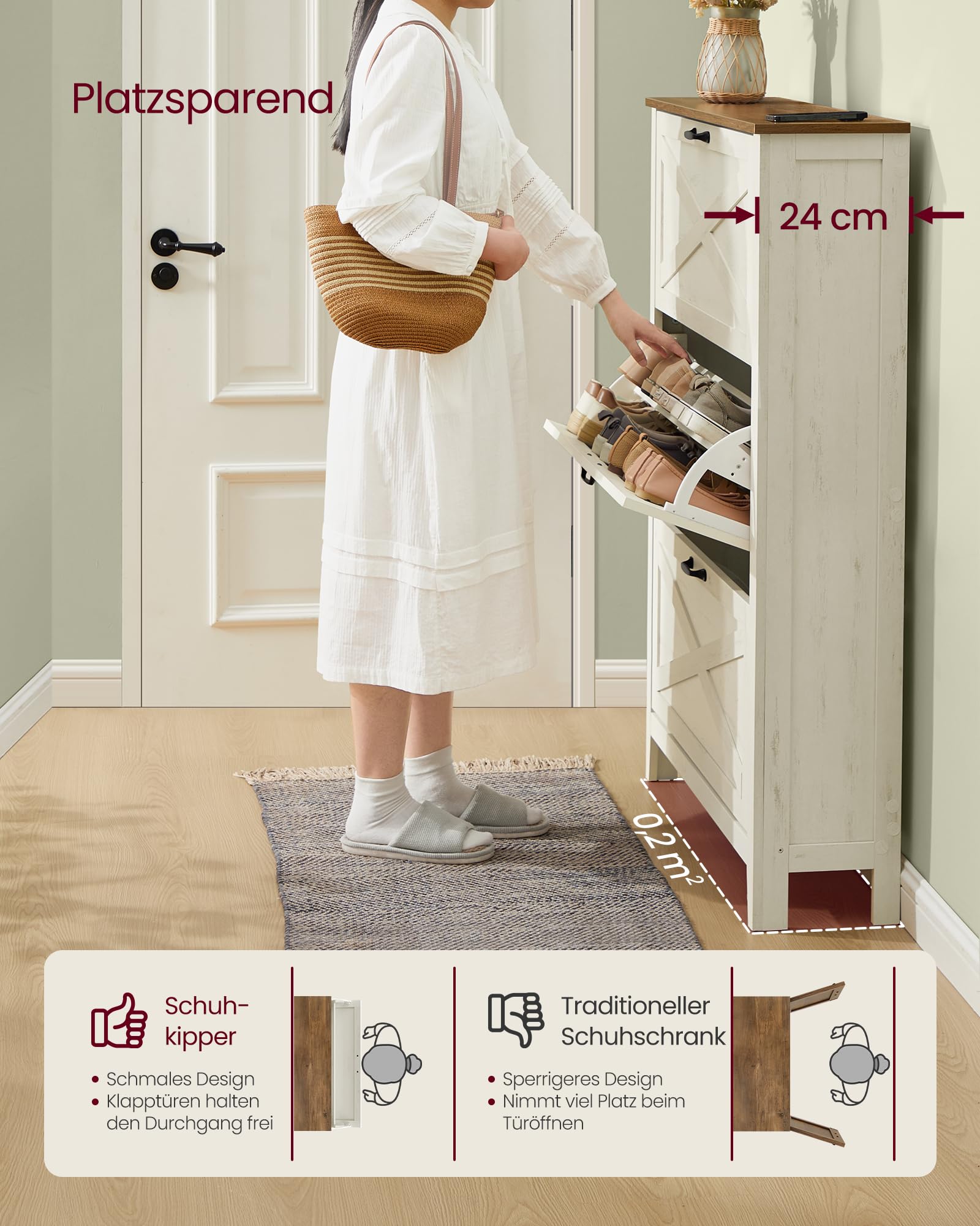 VASAGLE LIRY Kollektion - Schuhschrank 3 Klappen, Schuhkipper, freistehendes schmales Schuhregal, für Eingangsbereich, Landhausstil, für 18-24 Paar Schuhe, vintageweiß HSC301W02