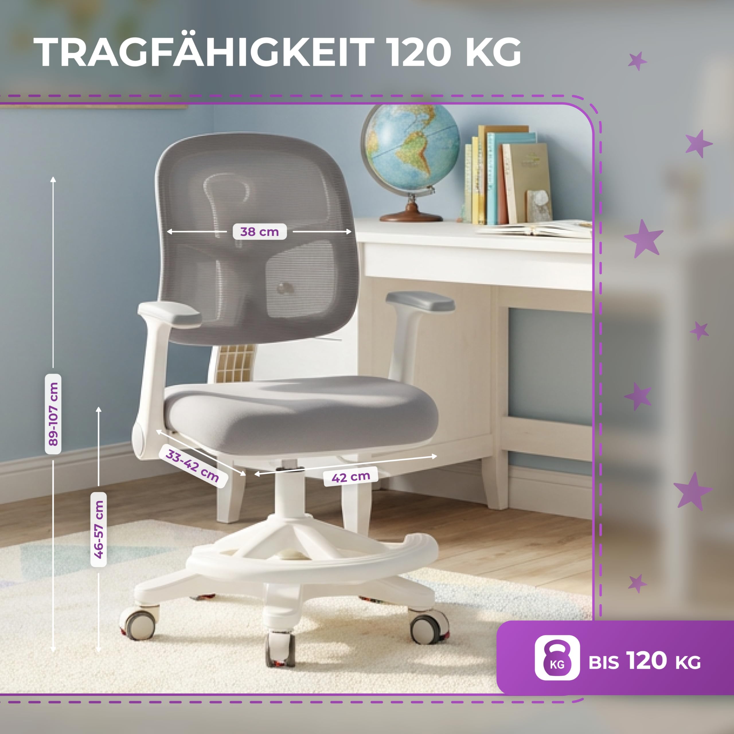 Spacetronik Schreibtischstuhl Kinder - Ergonomischer Kinderschreibtischstuhl mit 6 Rollen, Verstellbaren Armlehnen, Fußstütze, Höhenverstellbarem Sitz - 4-15 Jahre