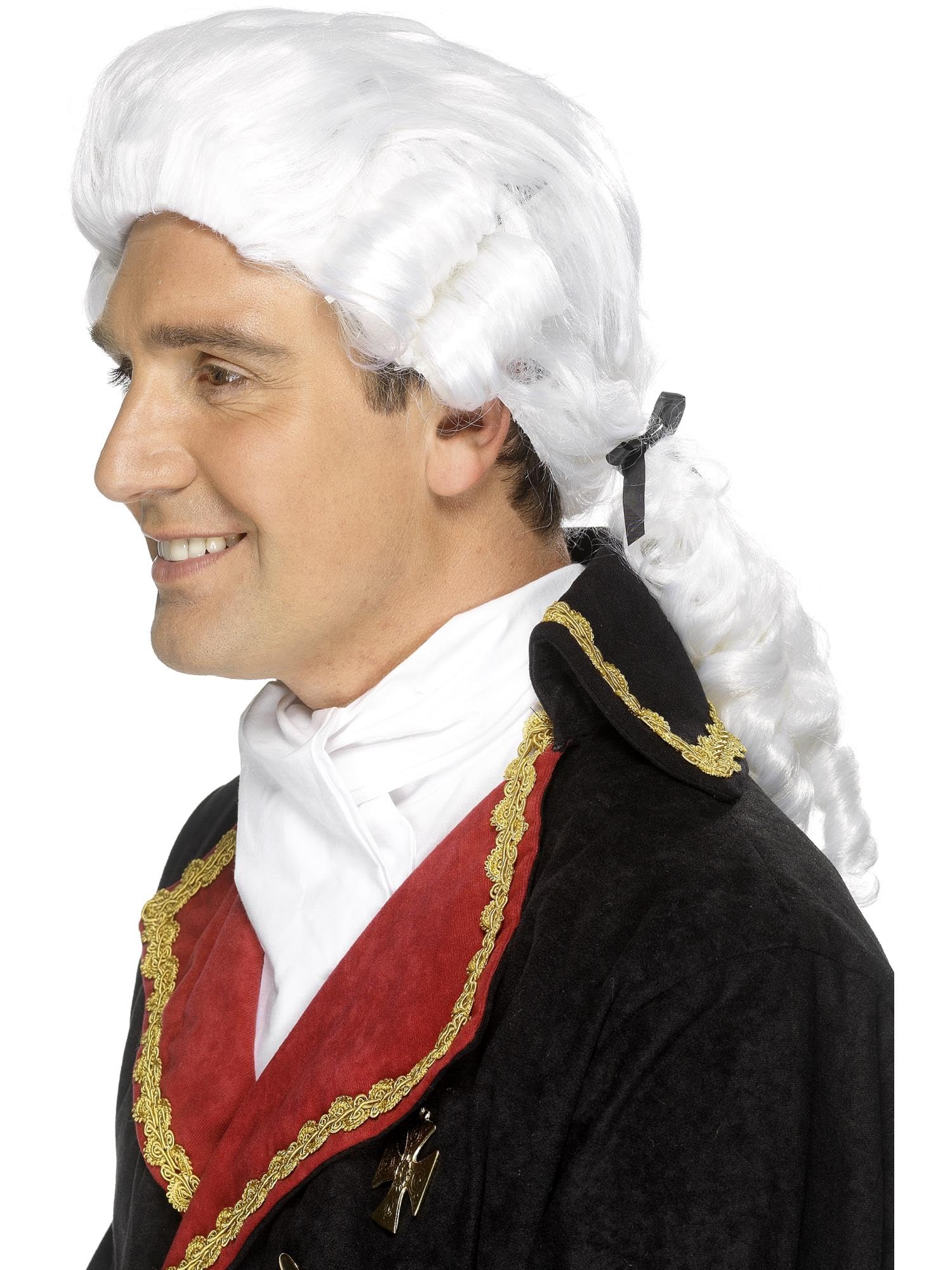SMIFFYS Parrucca da cortigiano, bianca, con fiocco nero e boccoli Halloween
