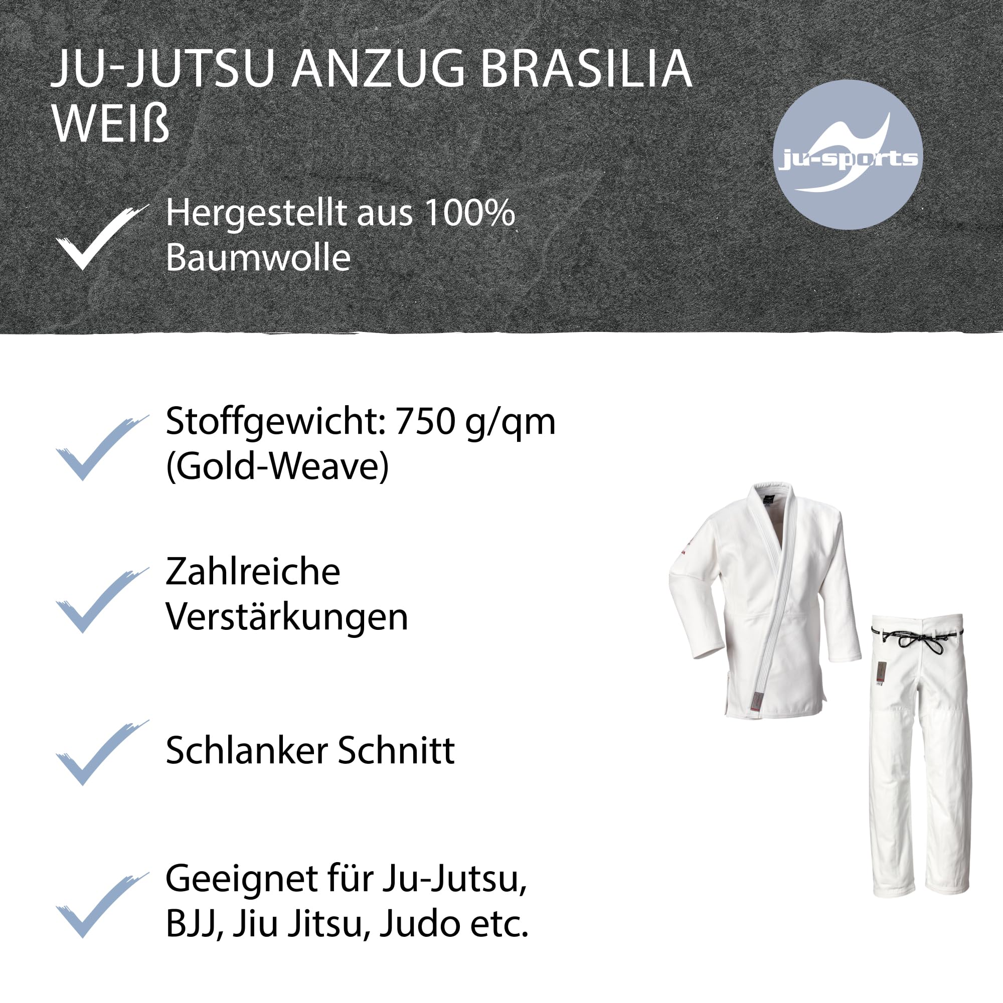 Ju-Sports Ju-Jutsu Anzug Brasilia Weiß I Moderner Jujutsu Anzug für Erwachsene I BJJ Gi Herren fürs Training I Doppelt verstärkter Brust- & Schulterbereich I 100% Baumwolle