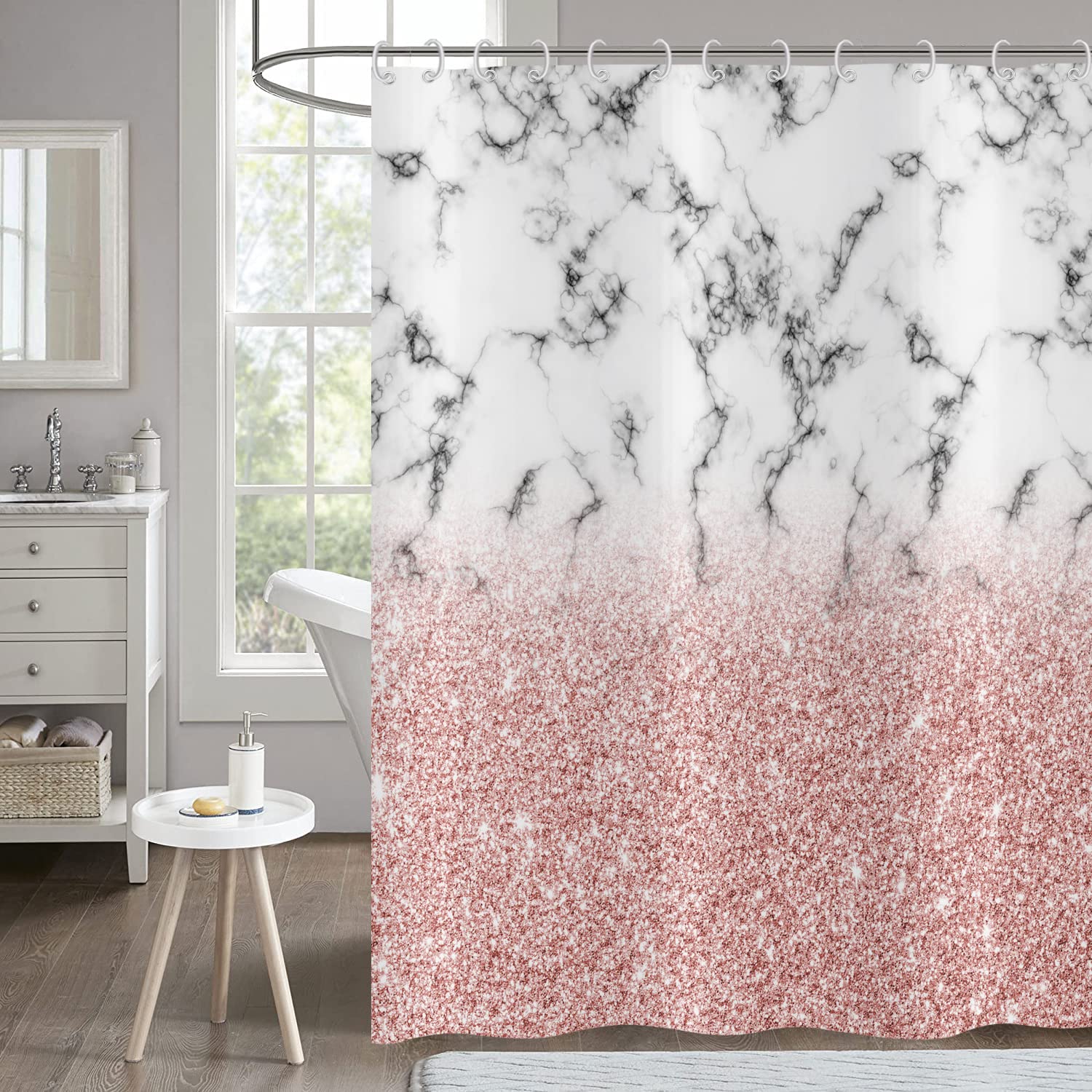 Hnmdmyi Pink Shower Curtain 180x200, Rose Gold Glitter Shower Curtains Grey and White Marble Bathroom Curtains Abstract Modern Luxury Art Waterproof Polyester Fabric Washable Bath Curtains