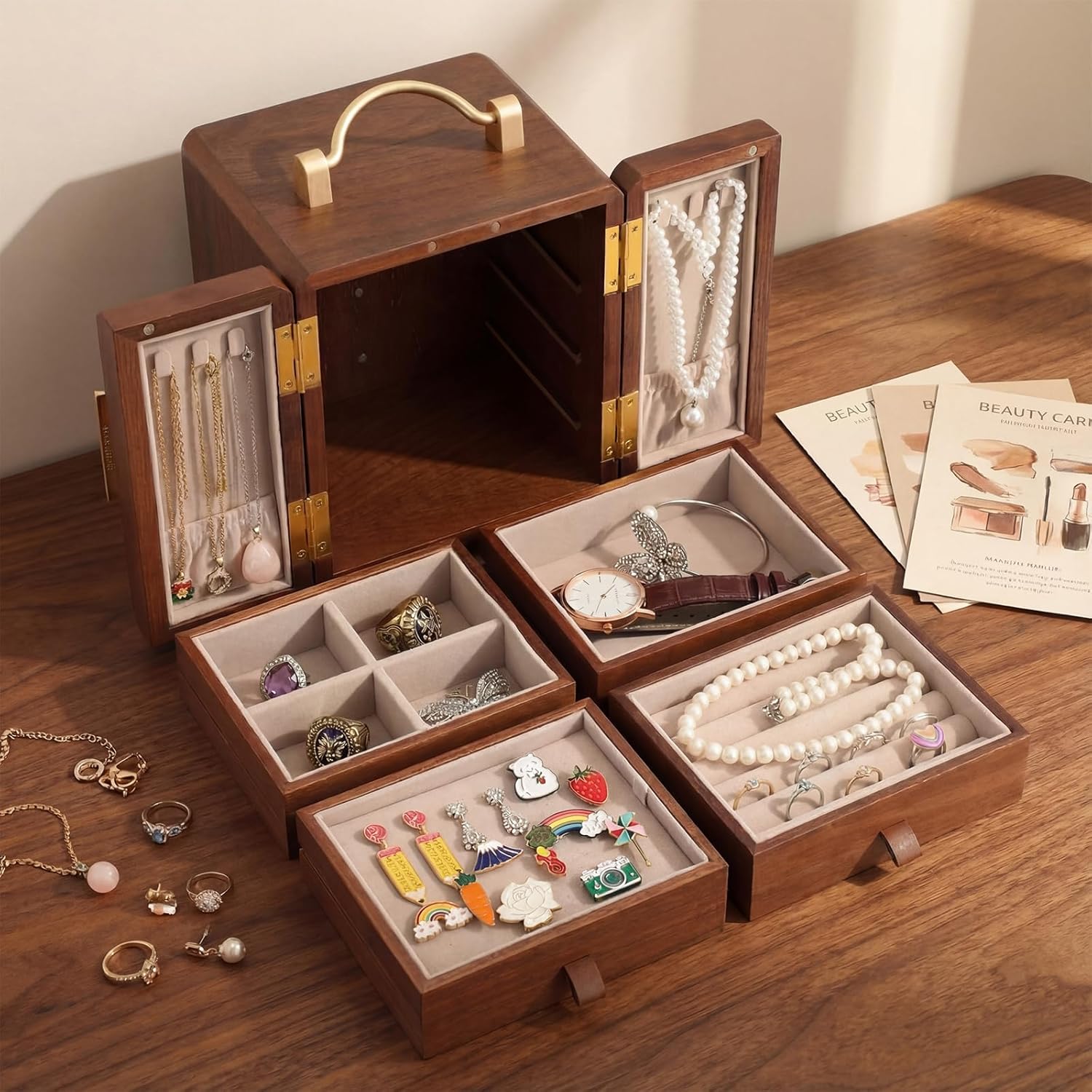 Novabright Black Walnut Jewelry Box 4 Layers of Storage Wooden Jewelry Organizer with Brass Handle and Mirrored Flowers Double Door Design for Earring Ring Necklace Bracelets Watches