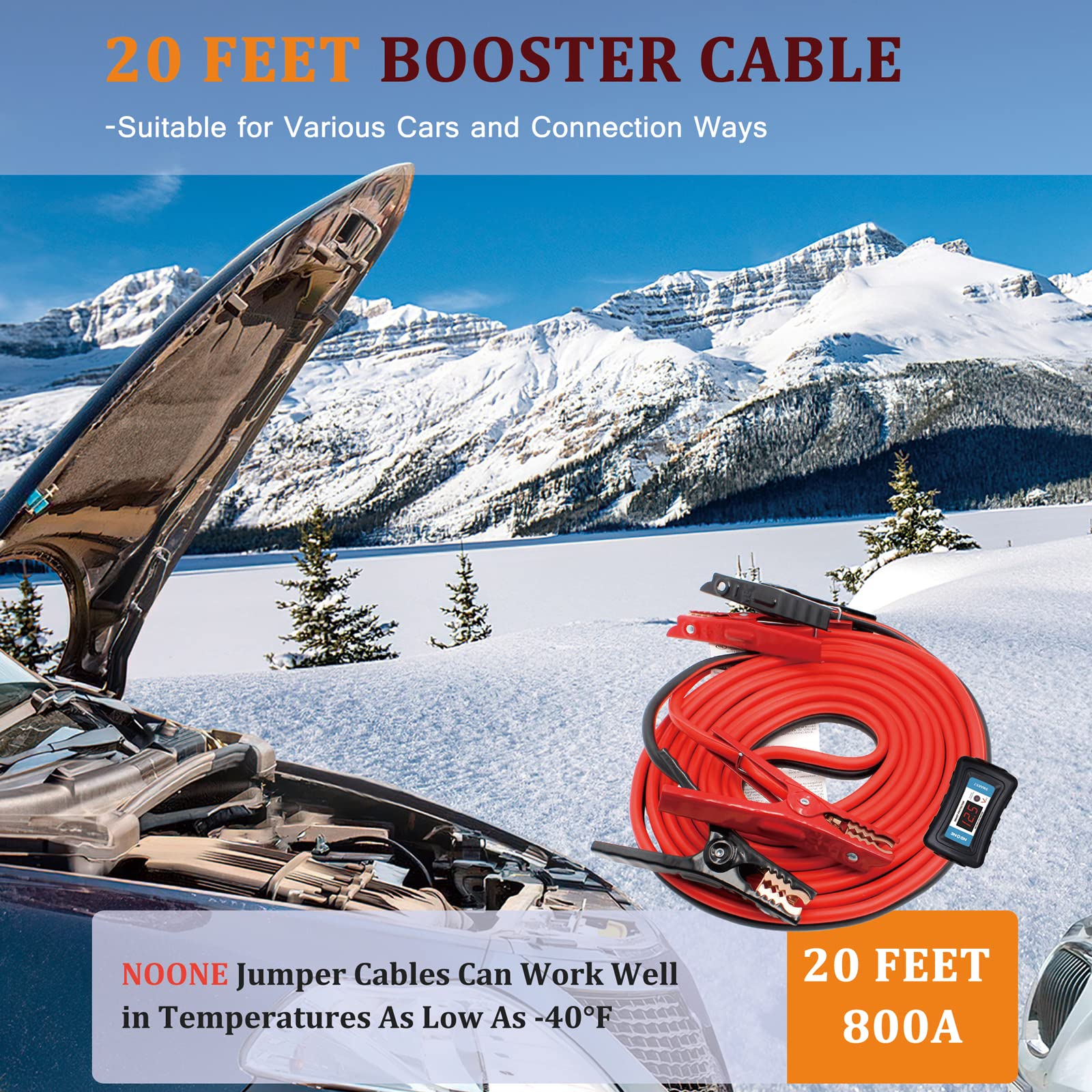 NOONE 2 Gauge Jumper Cable Heavy Duty Car Battery Clamps, for Jump Starting Dead or Weak Batteries Booster Cables with S7 Reverse Polarity Protection and Carry (2 Gauge 20 Feet)