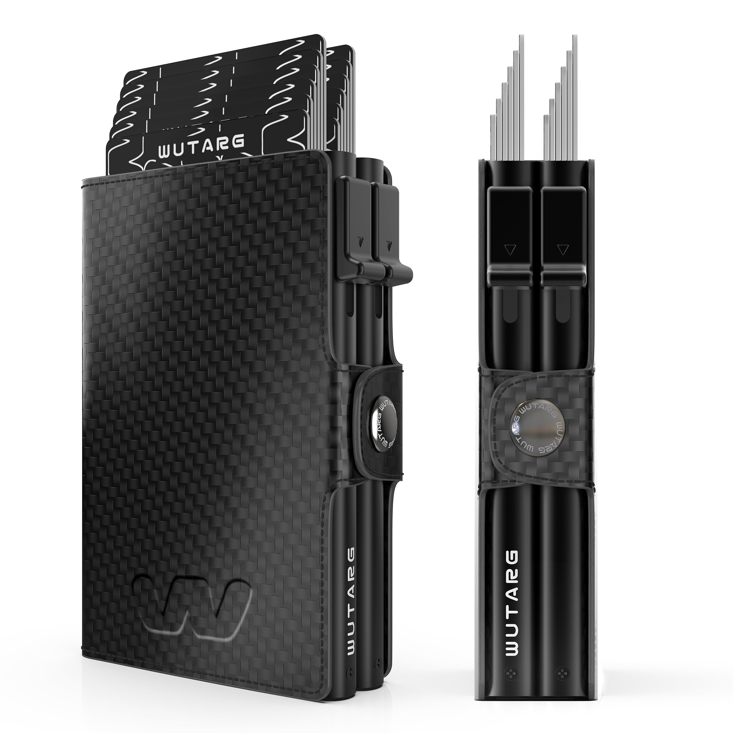 Tarjetero Hombre - Cartera Minimalista RFID NFC, Sistema Dual Slide, Metal, Cuero PU Premium, Billetera compacta antirrobo, Acceso rápido - 16 Tarjetas + 4 Billetes (Deluxe Carbon)