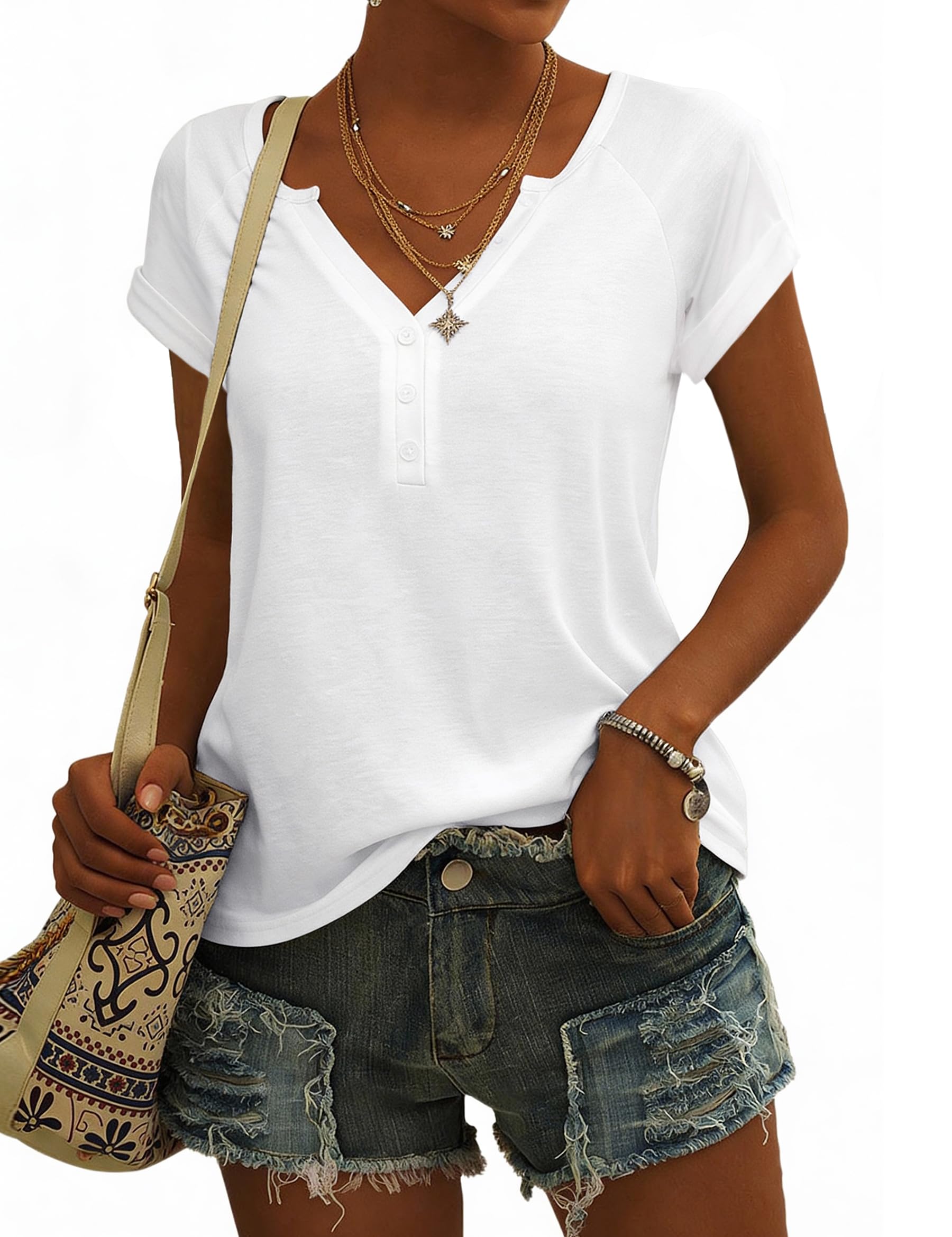 Demegimi Tshirt Damen V-Ausschnitt Kurzarm Oberteile Sommer Elegant Bluse Casual Basic Henley Shirt Top