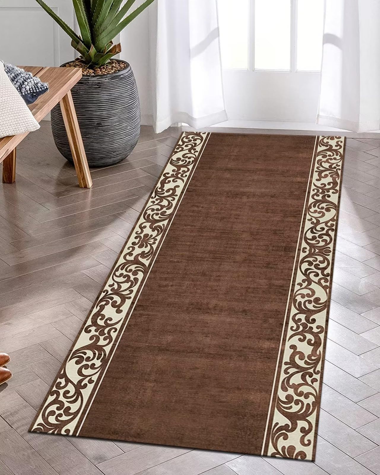 Teppich Läufer Flur rutschfest Küchenläufer Braun Apricot Korridor Teppichläufer Waschbar 90X400CM Modern Lang Flurläufer Teppichmatte Küche Schlafzimmer Kinderzimmer Wohnzimmer Meterware Fußmatten