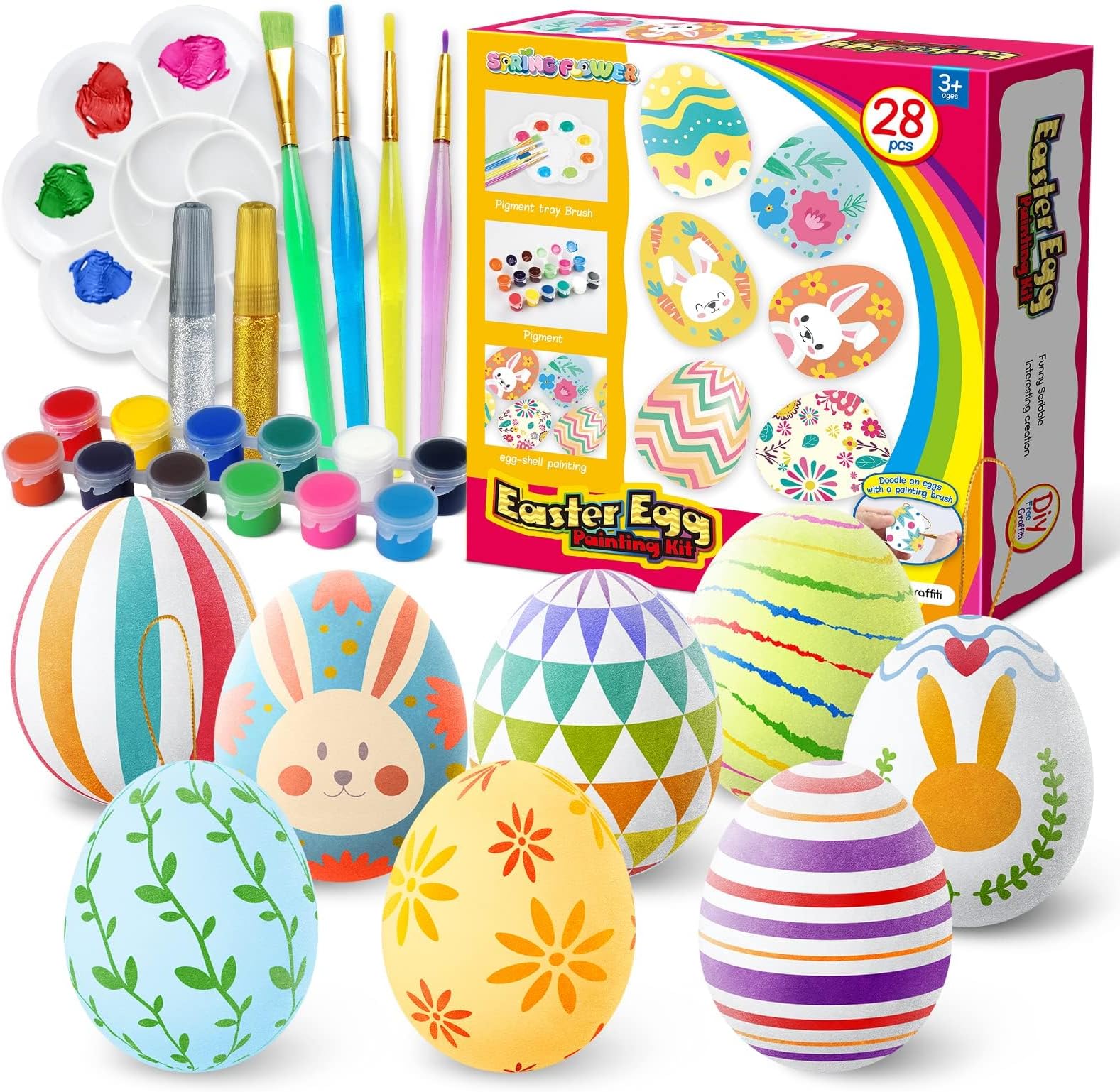 Easter White Eggs Painting Kit-Paintable Flocking Eggs with Doodle Kit for DIY Design-Hanging Flocking Eggs with Rope for Decoration,Egg Hunts, Basket stuffers & Essentials, Easter Gift,28PCS