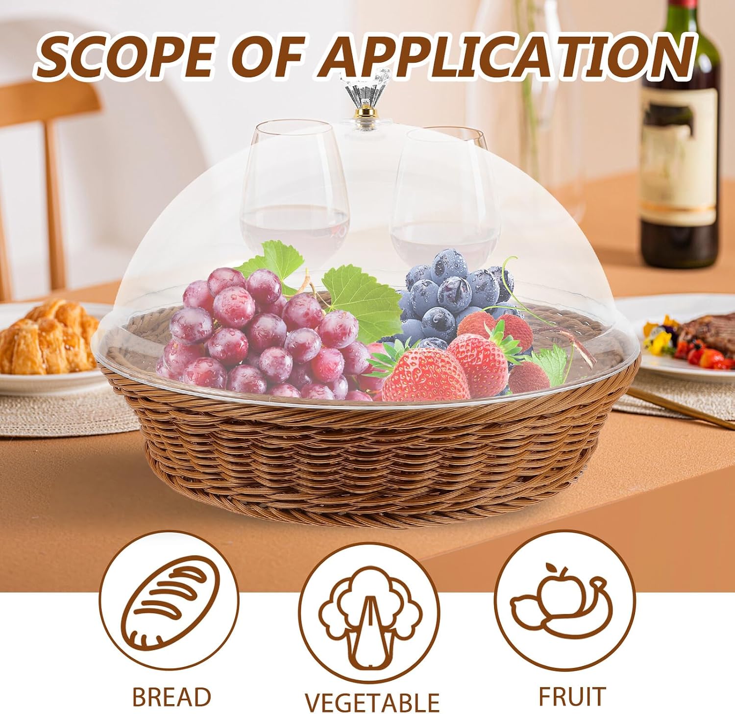 Round Woven Bread Basket with Transparent Lid Food Serving Tray for Fruits Vegetables Desserts Snacks Versatile Tabletop Storage and Display Basket for Home and Restaurant Use