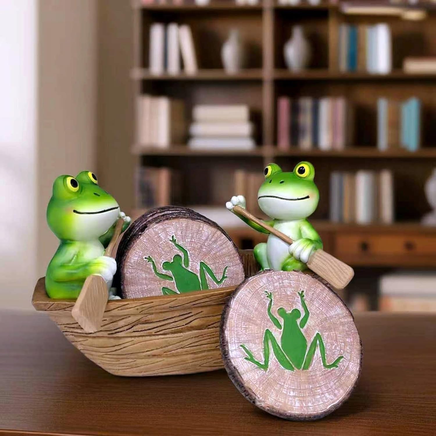 Frog Coasters Set of 6 Rustic Coasters in Handmade Canoe Drink Coffee Mug Wine Beer Bar Round Table Decorative Cute Log Cabin Decor for The Home - Image 2