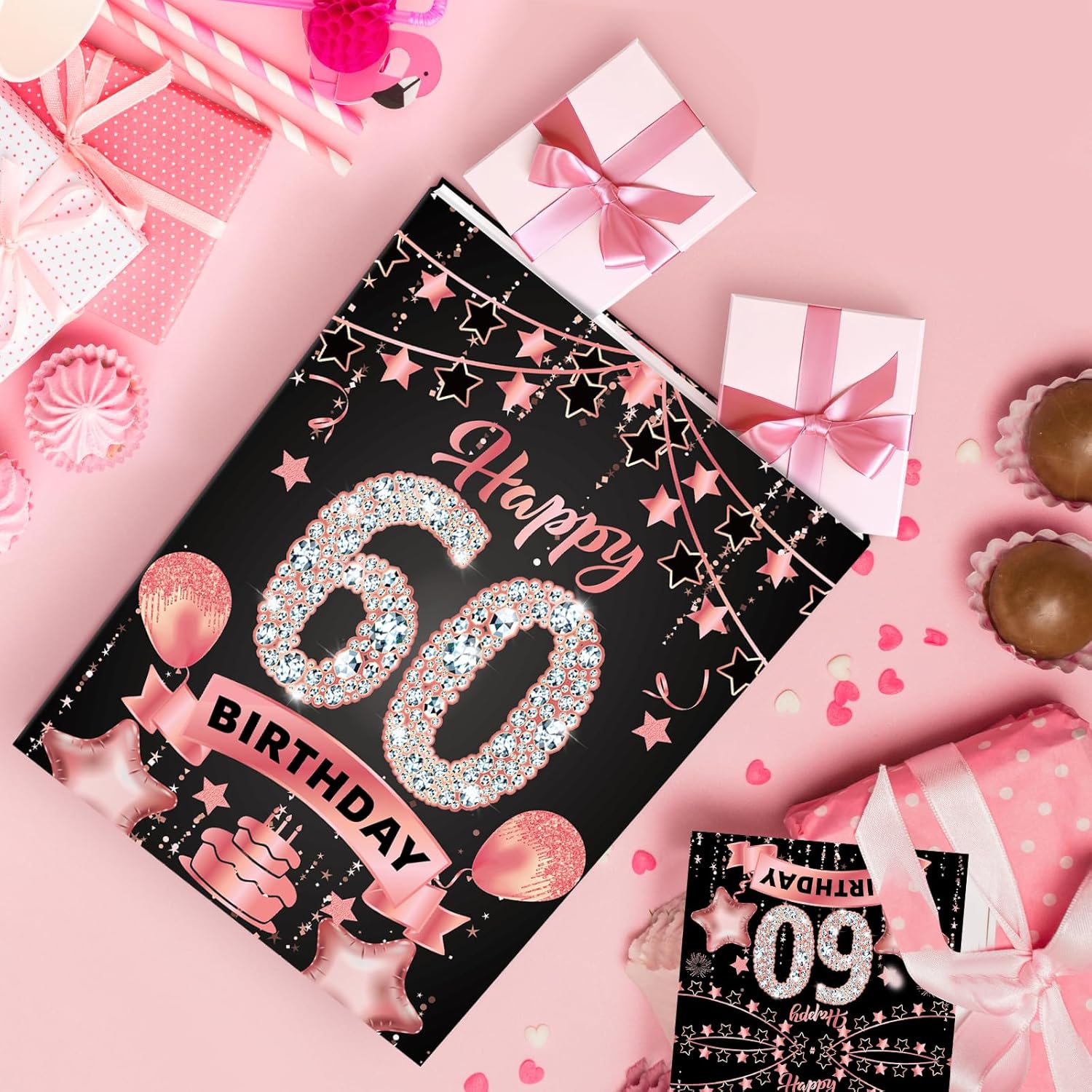 Rumia Rose Gold 60th Birthday Gift Bag with Happy 60th Birthday Greeting Card and Tissue Paper for Women Rose Gold 60 Years Old Gift Wrap Bag for Christmas 60 Bday Party Decorations Supplies - Image 2
