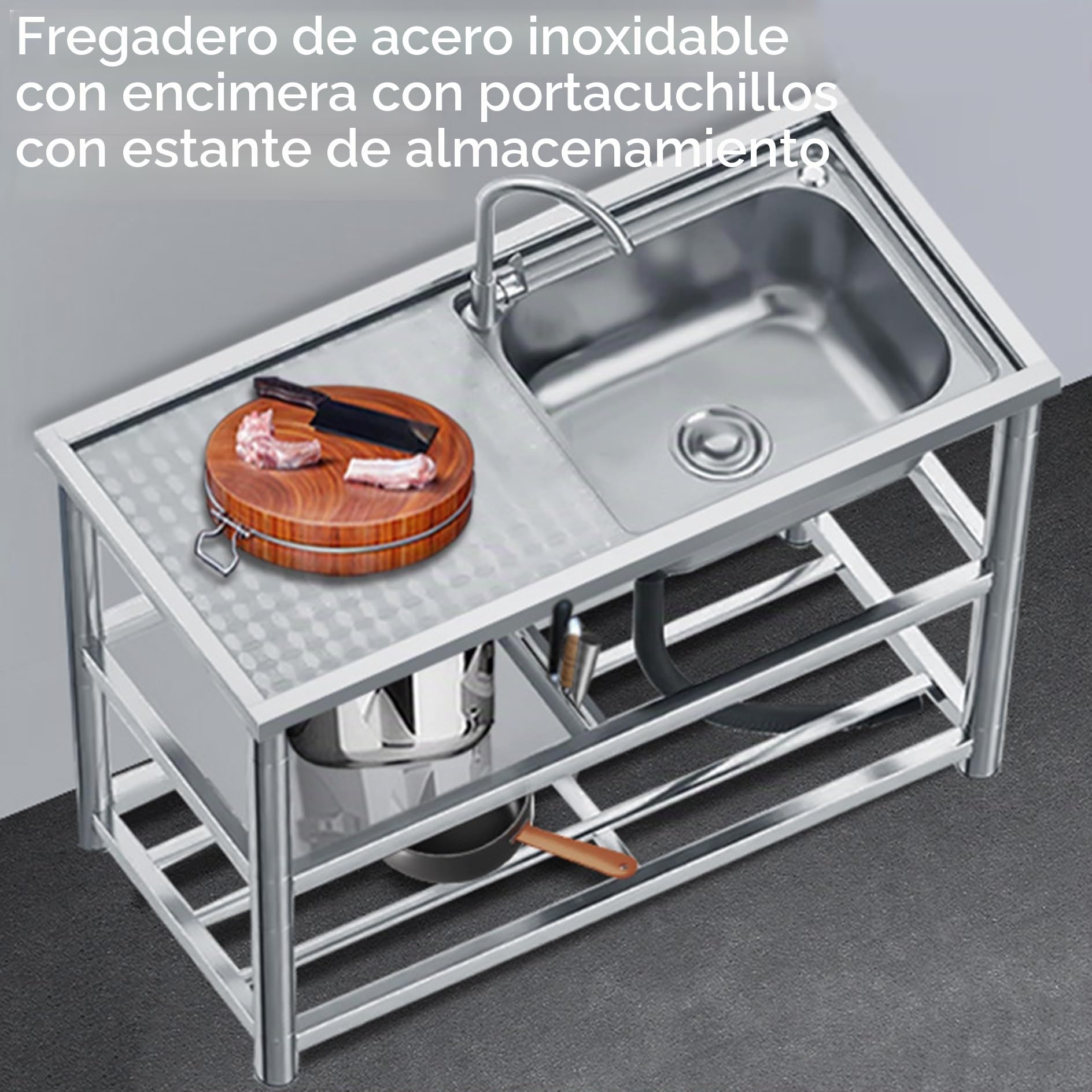 Fregadero Industrial de Acero Inoxidable Con Escurridor - Exterior y Jardin, Independiente Con Grifo, Seno Cocina y Banco de Trabajo Para Camper y Comercial