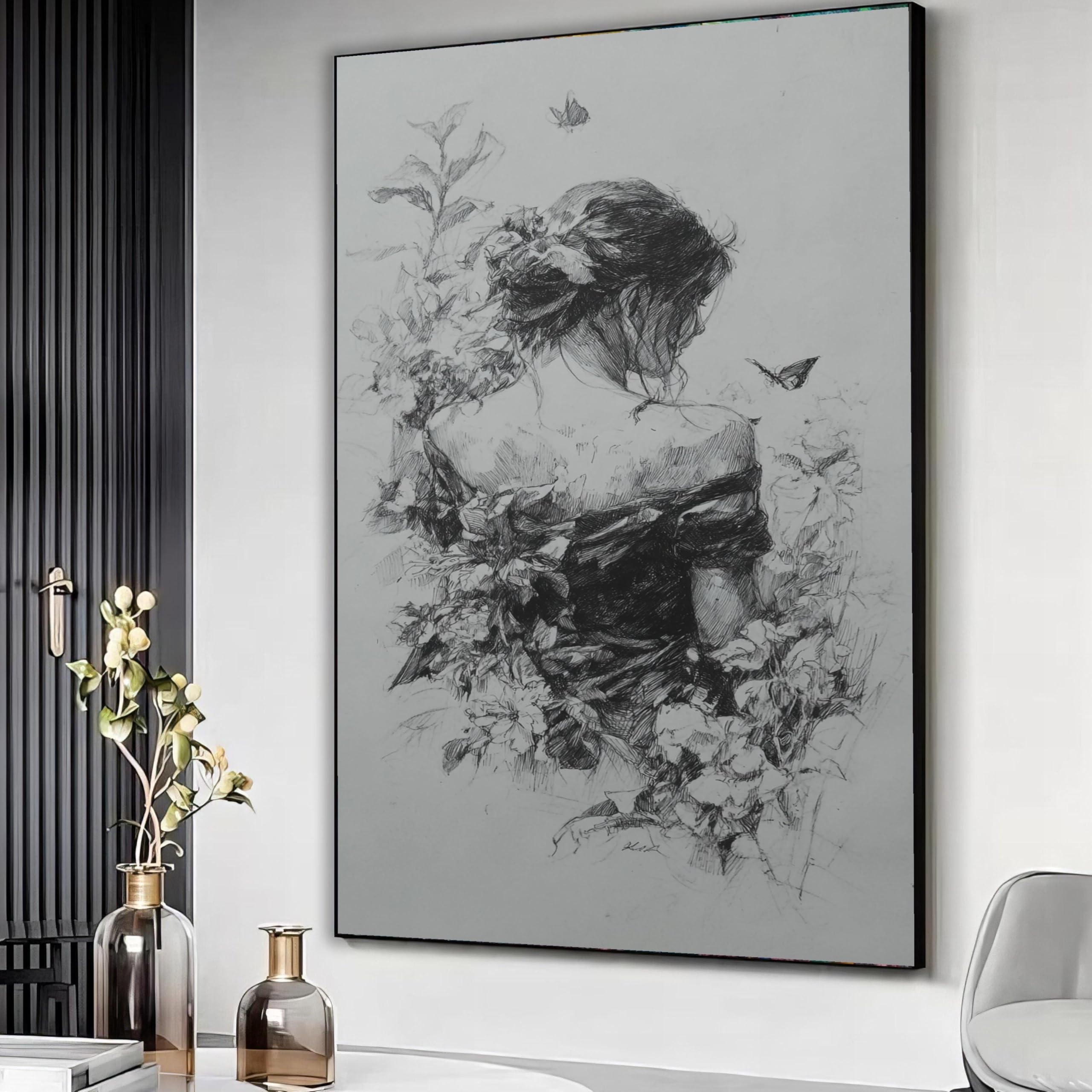 XBTYKPB Woman with Flowers and Butterflies Canvas, Black and White Sketch Wall Art, Feminine Portrait, Inspired Decor Painting(80x120cm/Frameless)