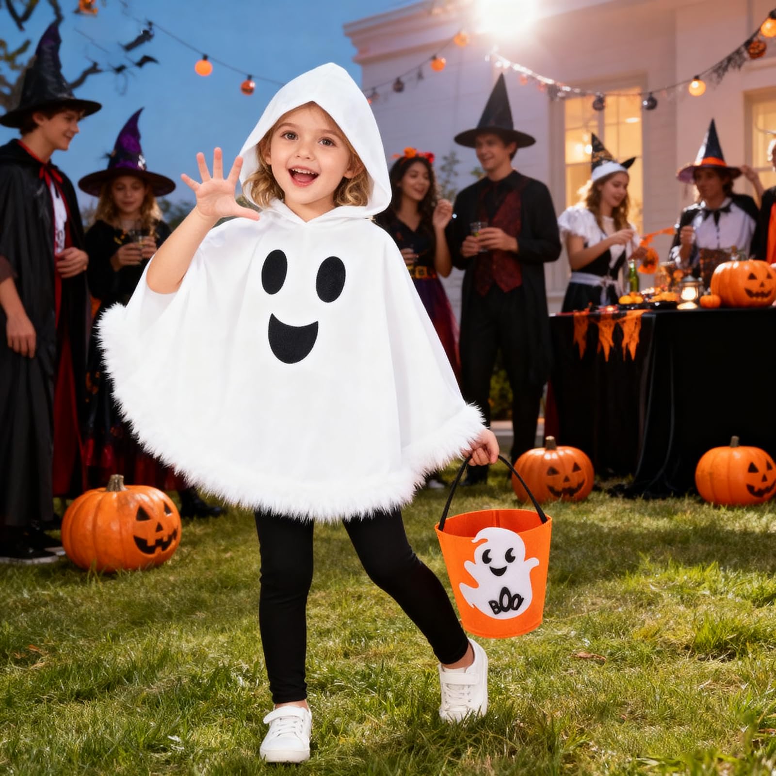Toddler Baby Boys Girls Ghost Costume Kids Halloween Ghost Face Hooded Cloak Costume Party Boo Ghost Outfit for ages 5-6 Years,White Cloak+Pants+Pumpkin Basket Set - Image 4