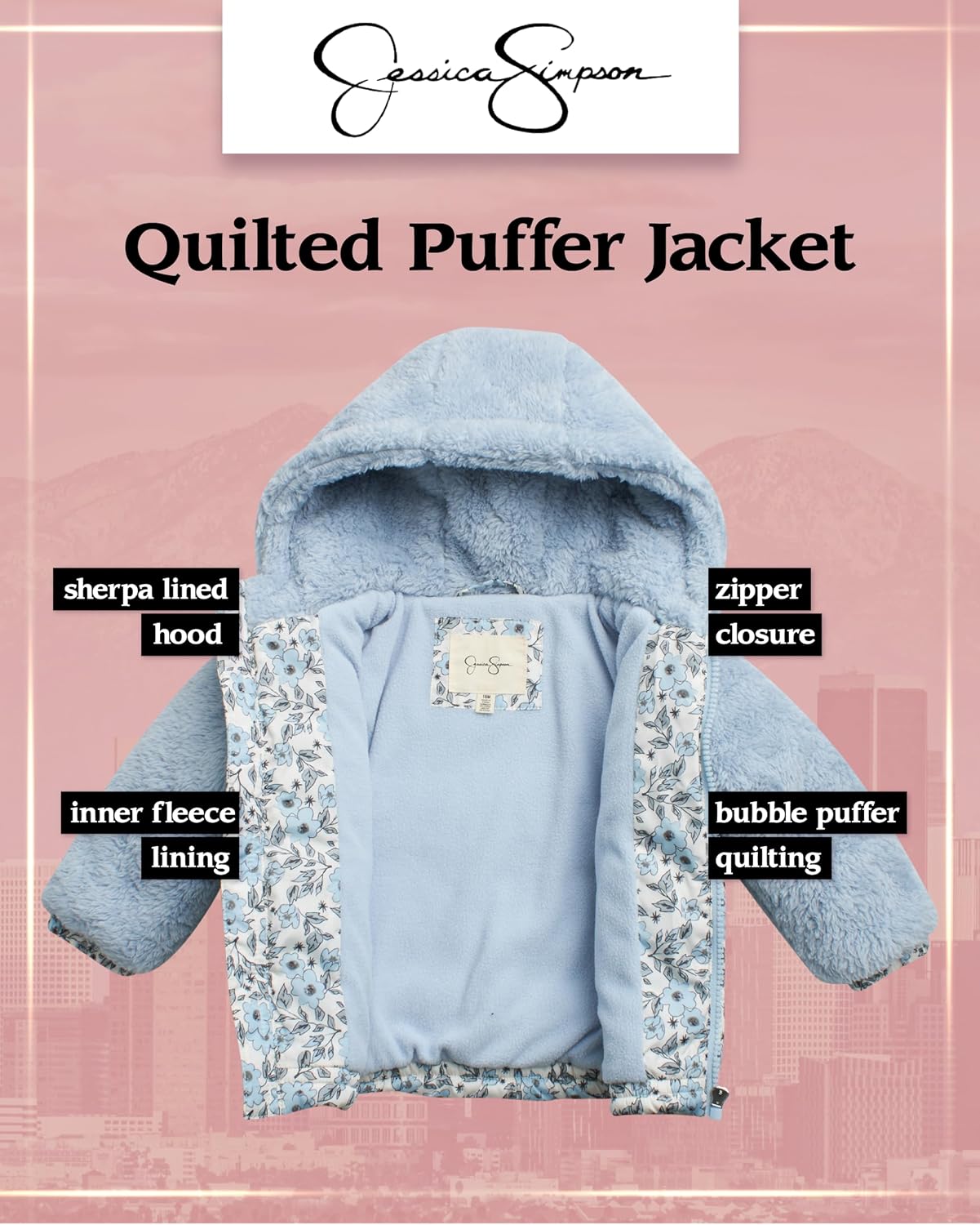 Jessica Simpson Baby Infant Girls Puffer Jacket - Quilted Sherpa Lined Hood Heated Winter Jackets for Toddler Girls (12M-24M)
