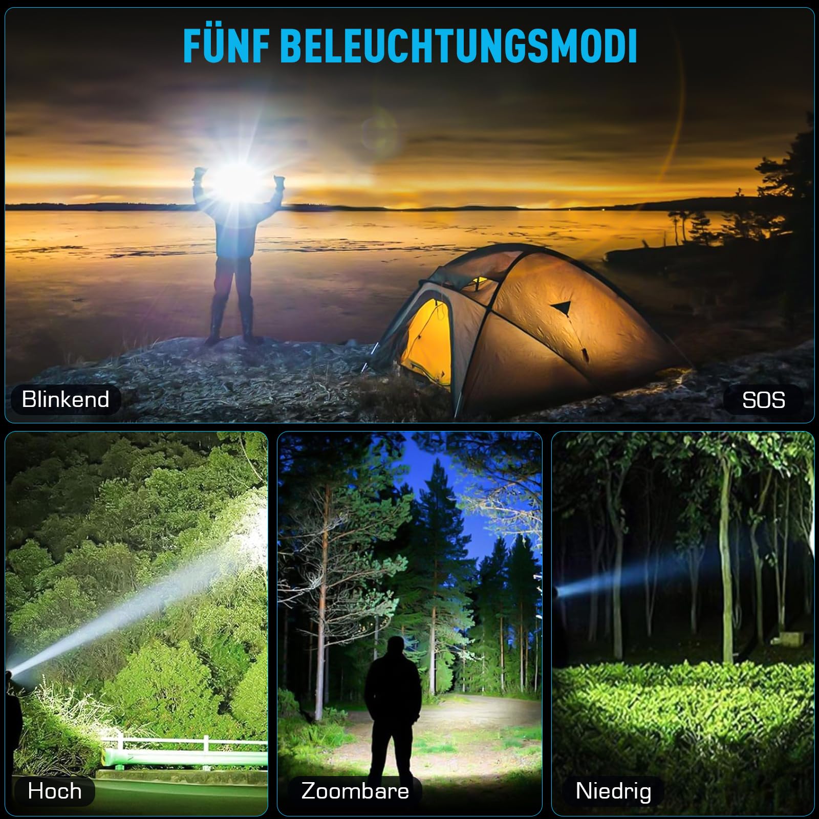 SIDARK Stirnlampe Led Wiederaufladbar，Superhell 120000 LUX Kopflampe Stirnlampe mit 8 Lichtmodi & 9000mAh Grosse Kapazität AKKU & IPX7 Wasserdichte & 90° Kopflampe Für Outdoor Camping