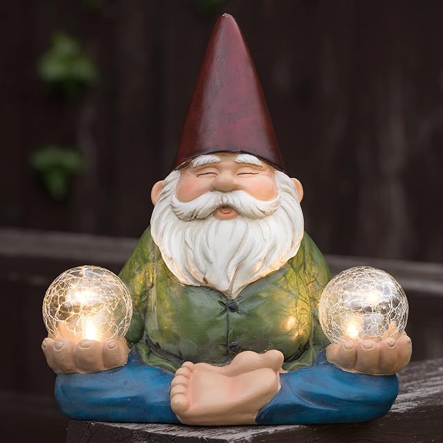 GloBrite Solar Meditating Yoga Zen Gnome with Crackle Globe Ball Light Red Hat Resin Figurine Sitting Statue for Garden Yard Outdoor Decoration