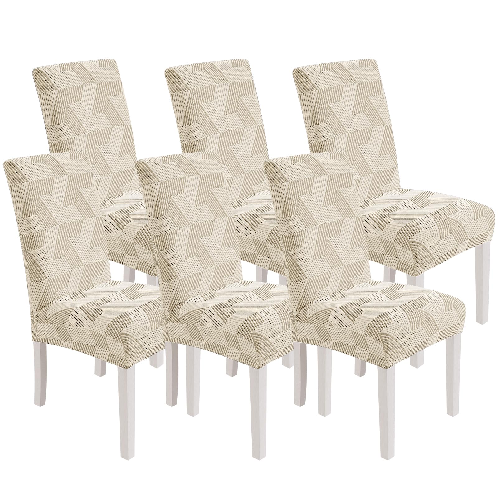 XINEAGE 6 Packs Dining Chair Slipcovers, Geometrical Jacquard Parson Dining Chair Covers, Washable Chair Protectors for Dining Room, Kitchen, Restaurant, Hotel, Beige