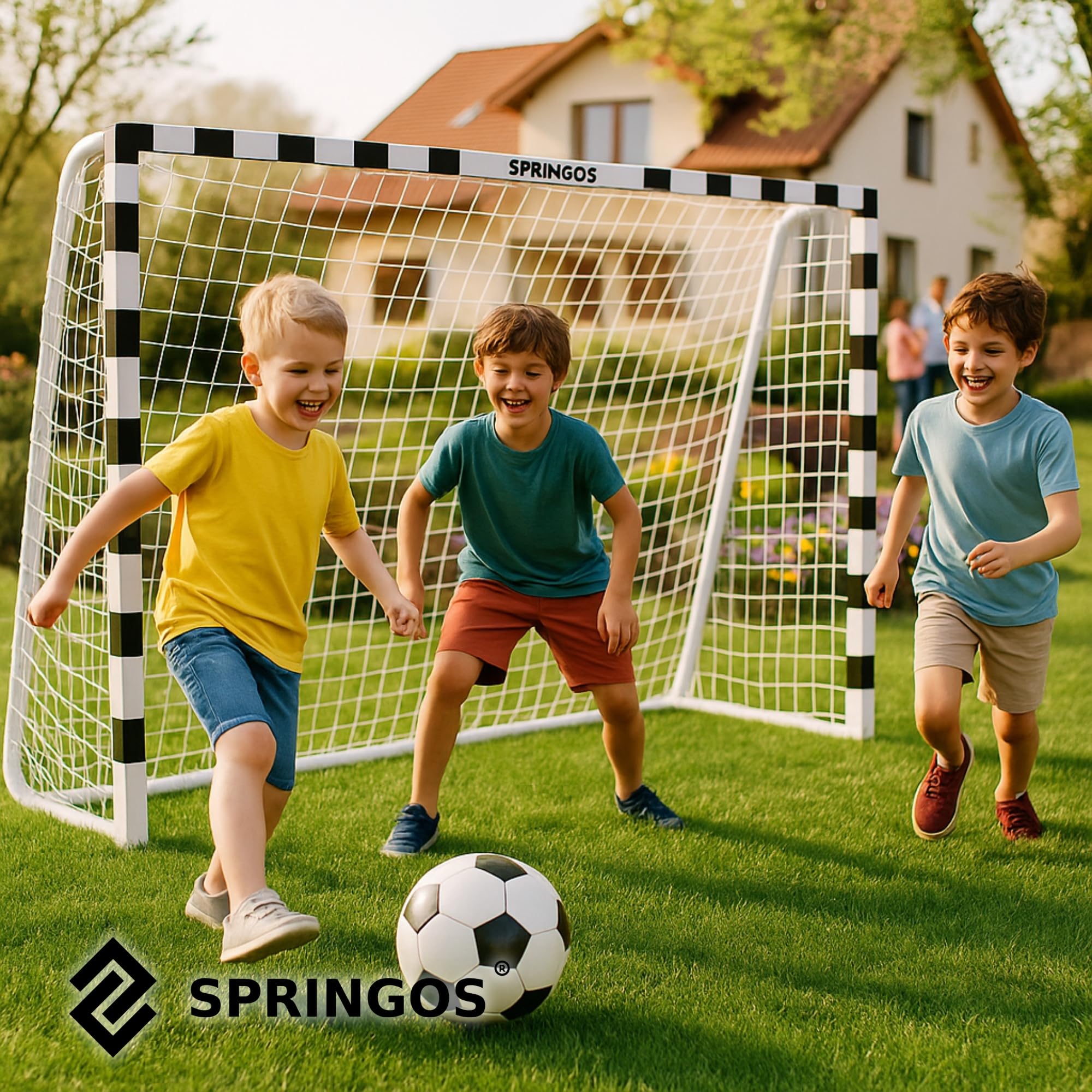 SPRINGOS Portería de fútbol con red de fútbol, 300 x 200 cm, de acero,Blanco