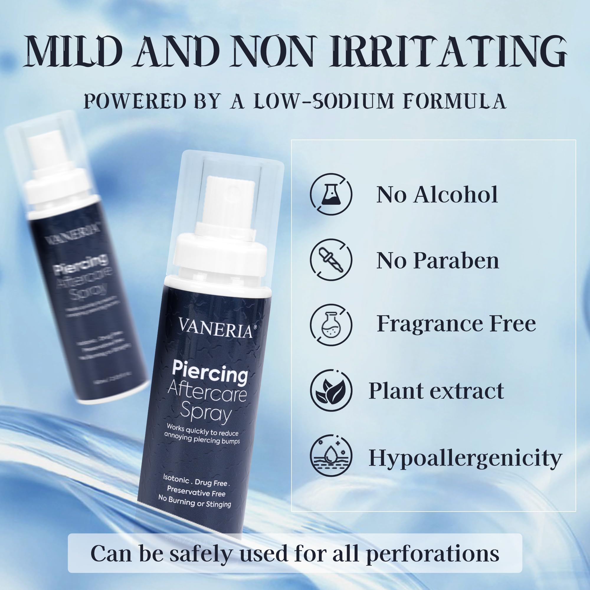 VANERIA Piercingspray Piercingcare, Spray Cuidado Post-Punción, Tatuajespray Para la perforación de orejas, nariz y otras partes del cuerpo 60ml