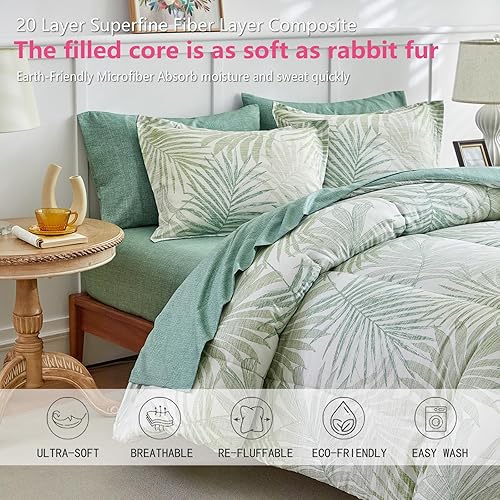 Miniatura 6 de AIKASY Juego de edredón azul y verde Queen con sábanas, cama en una bolsa, 7 piezas, diseño de impresión de tótem de palmera, juego de ropa de cama
