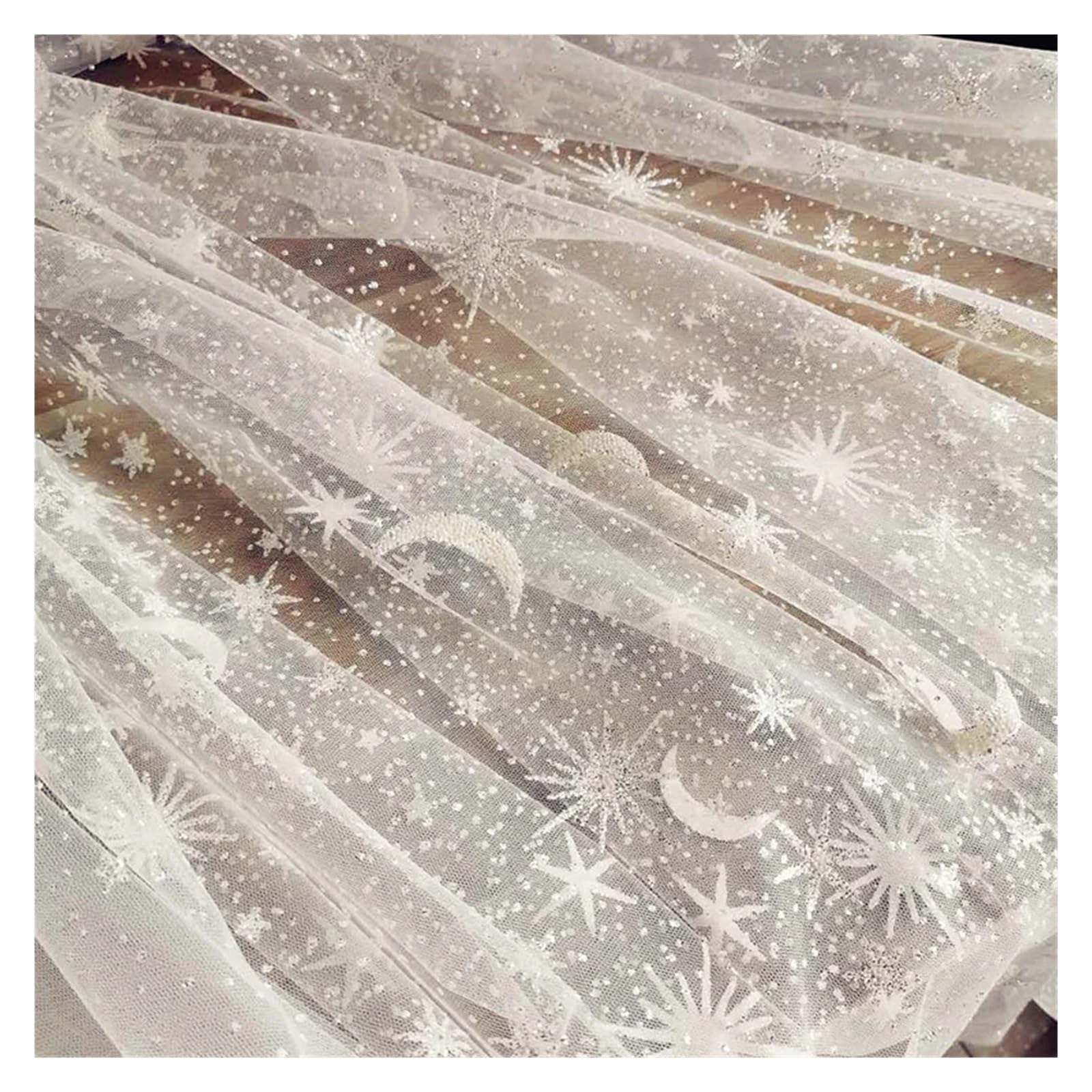 Tessuto per abito da sposa con stelle scintillanti e luna, morbido tulle bianco, sfondo fotografico, velo in tessuto per abiti da sposa, materiale fai da te (150 cm x 200 cm)