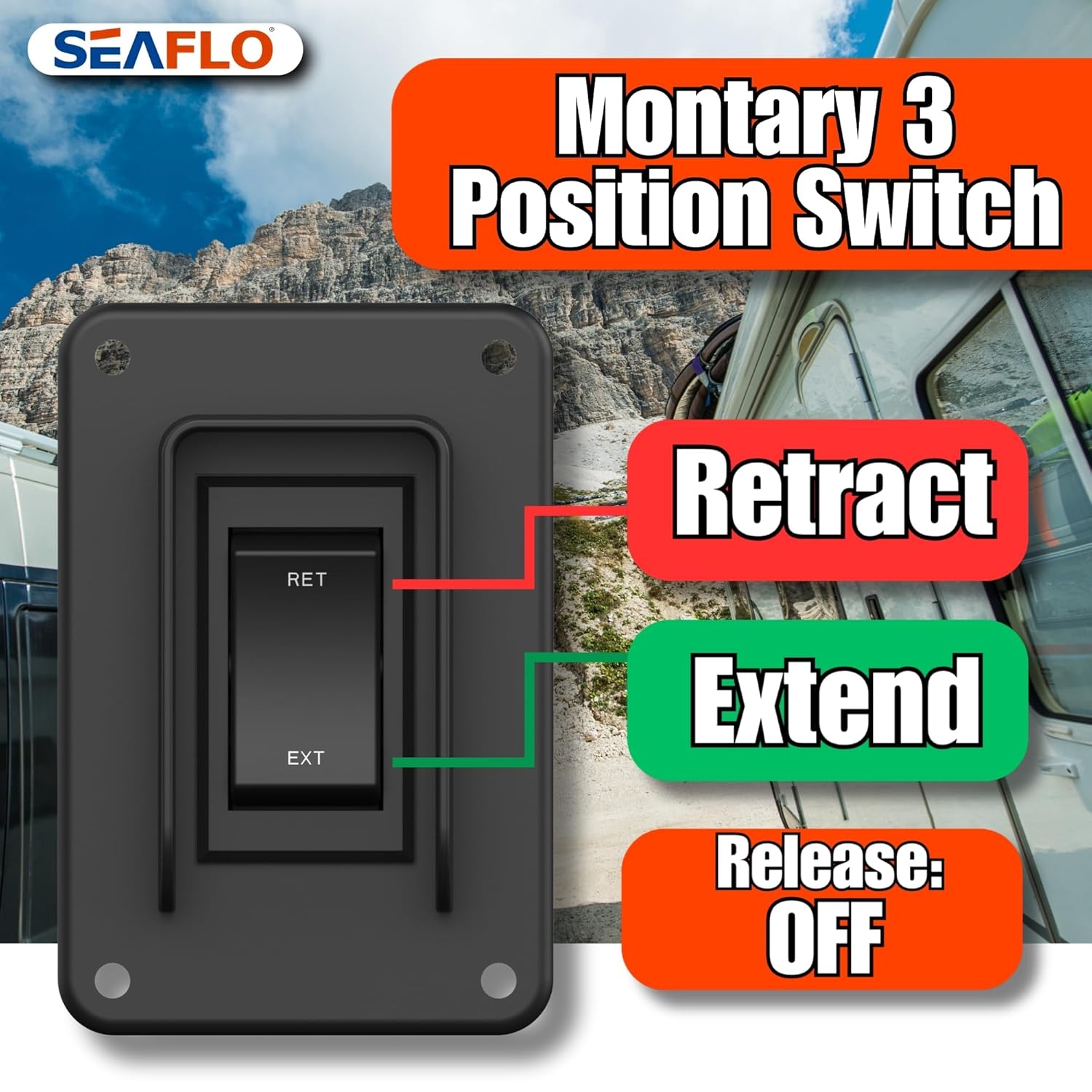 SEAFLO Stabilizer Jack Switch Power Rocker Switch, MAX 30 Amps, 12V/24V, Extend-Retract, 4 Pin Wire Harness, Momentary Reversing Polarity, IP68-Waterproof for RV Boat Truck, 4 Year Warranty (1-Pack)