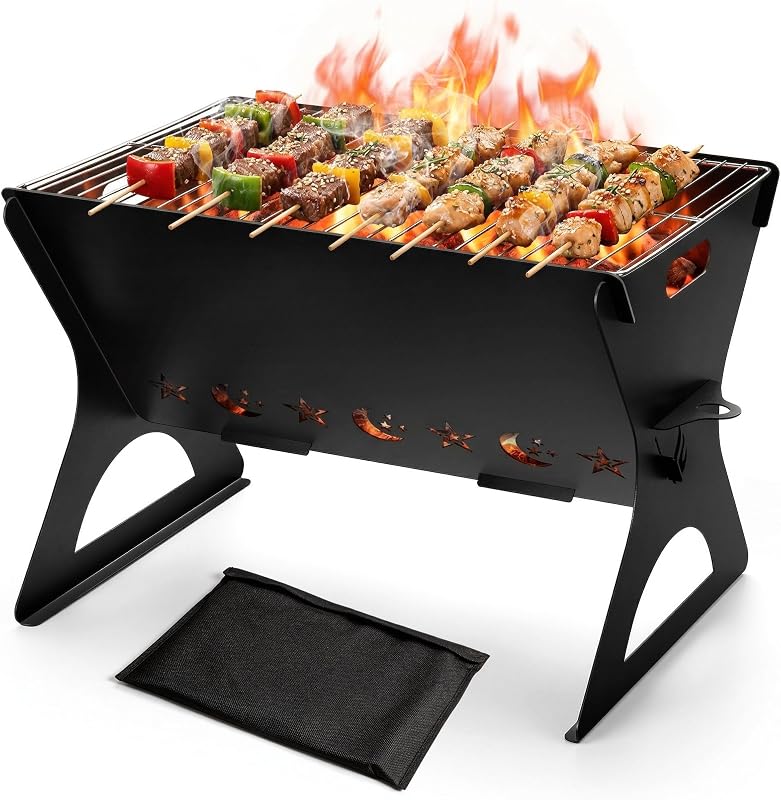 Portable Camping Grill, HaSteeL Mini Campfire Grill with Grate & Carry Bag, Heavy-duty BBQ Outdoor Fire Pit for Camping Backyard, Bonfire, Patio, Easy Assembly