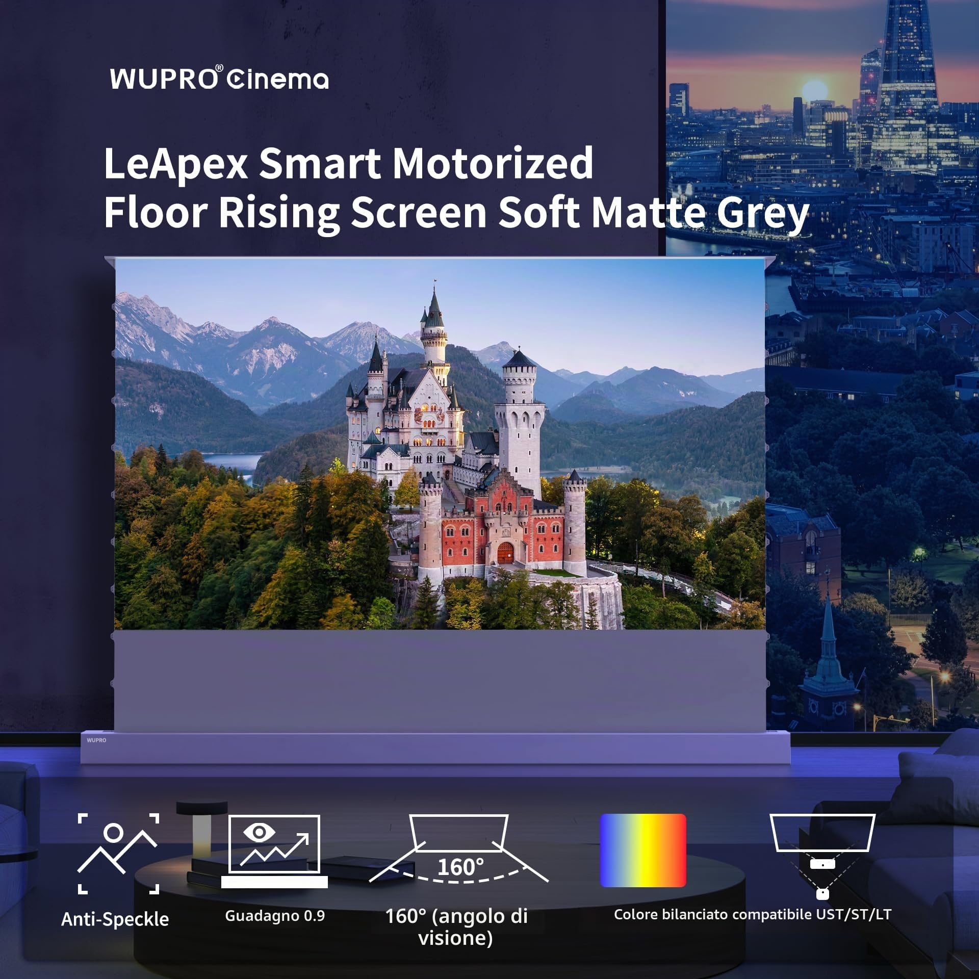 LeApex Schermo di Proiezione Retrattile Elettrico Gray Fabric - Schermo Intelligente Universale 4K Ultra HD 3D Attivo 100 Pollici per Tutti i Tipi di Proiettori
