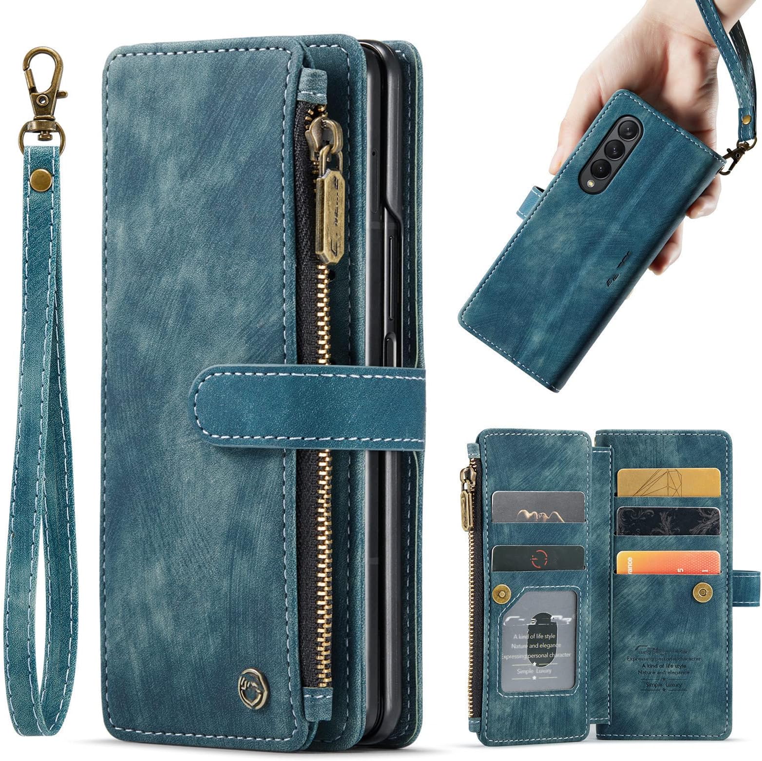 NP Samsung Galaxy Z Fold 4 Wallet Case,Shockproof PU Leather Zipper Folio Case with Magnetic Closure,Card Holder and Kickstand (Blue)