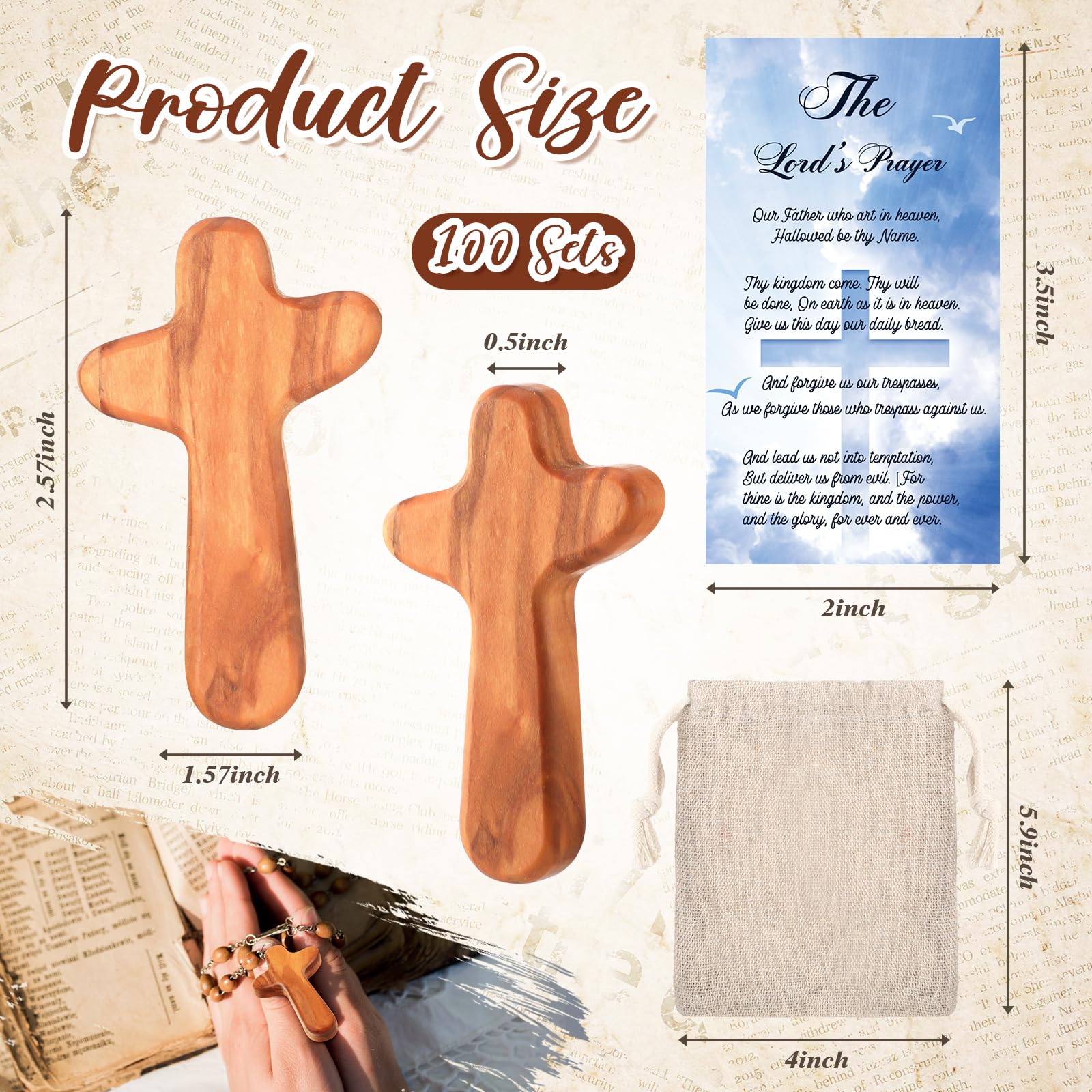 Wenqik 100 Sets Small Olive Wood Hand Crosses 2.5 Inch Pocket Holding Hand Crosses Bulk with Cotton Linen Bags and Prayer Cards Relieve Anxiety Comfort for Prayer Christian Gift Church