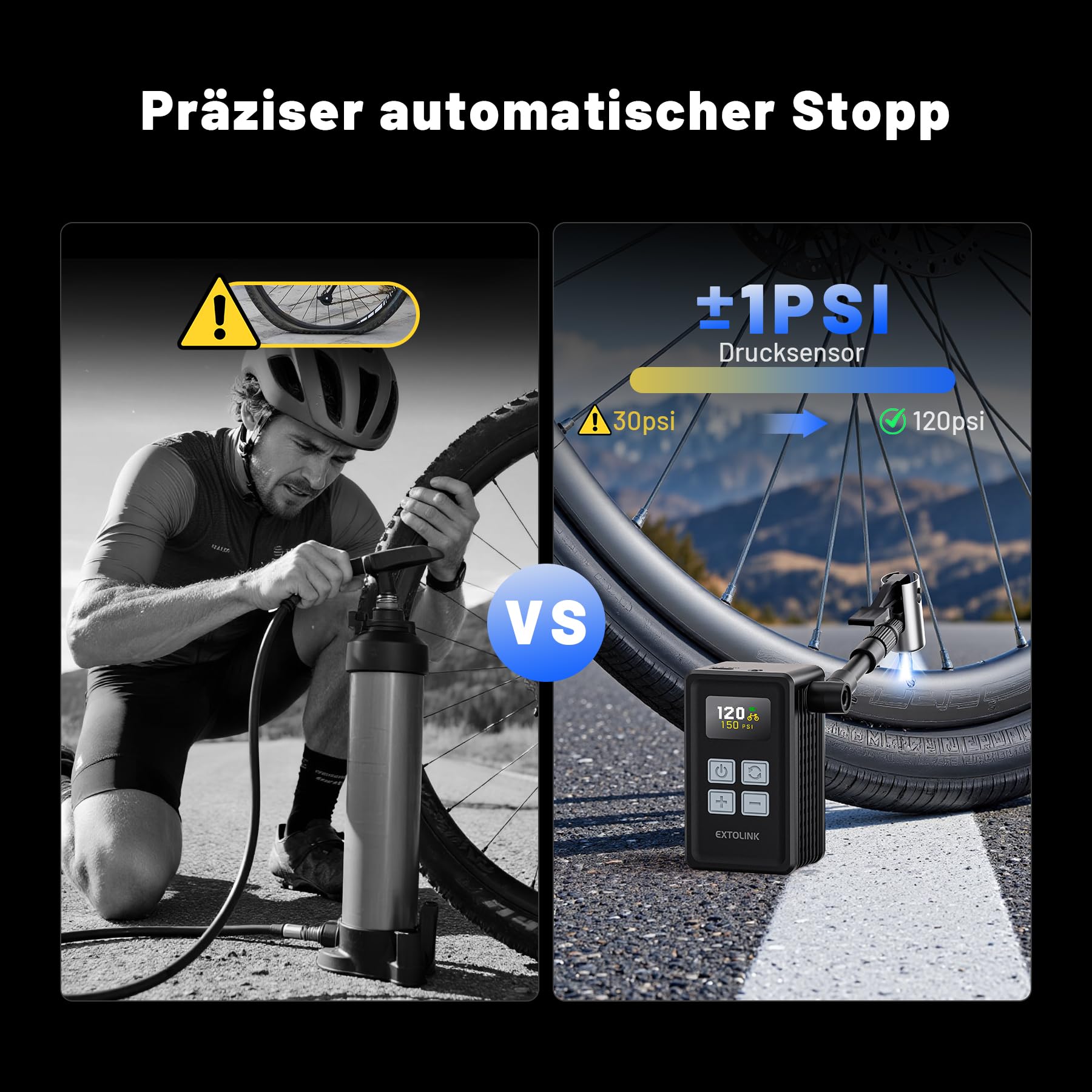 Fahrradpumpe Elektrisch, Max 150 PSI Mini Fahrrad Pumpe mit Digitalanzeige, 360°-Pumpenrohr, 20s Aufblasen Fahrradpumpe mit Amerikanische, Presta-Ventile für Rennräder, Mountainbikes