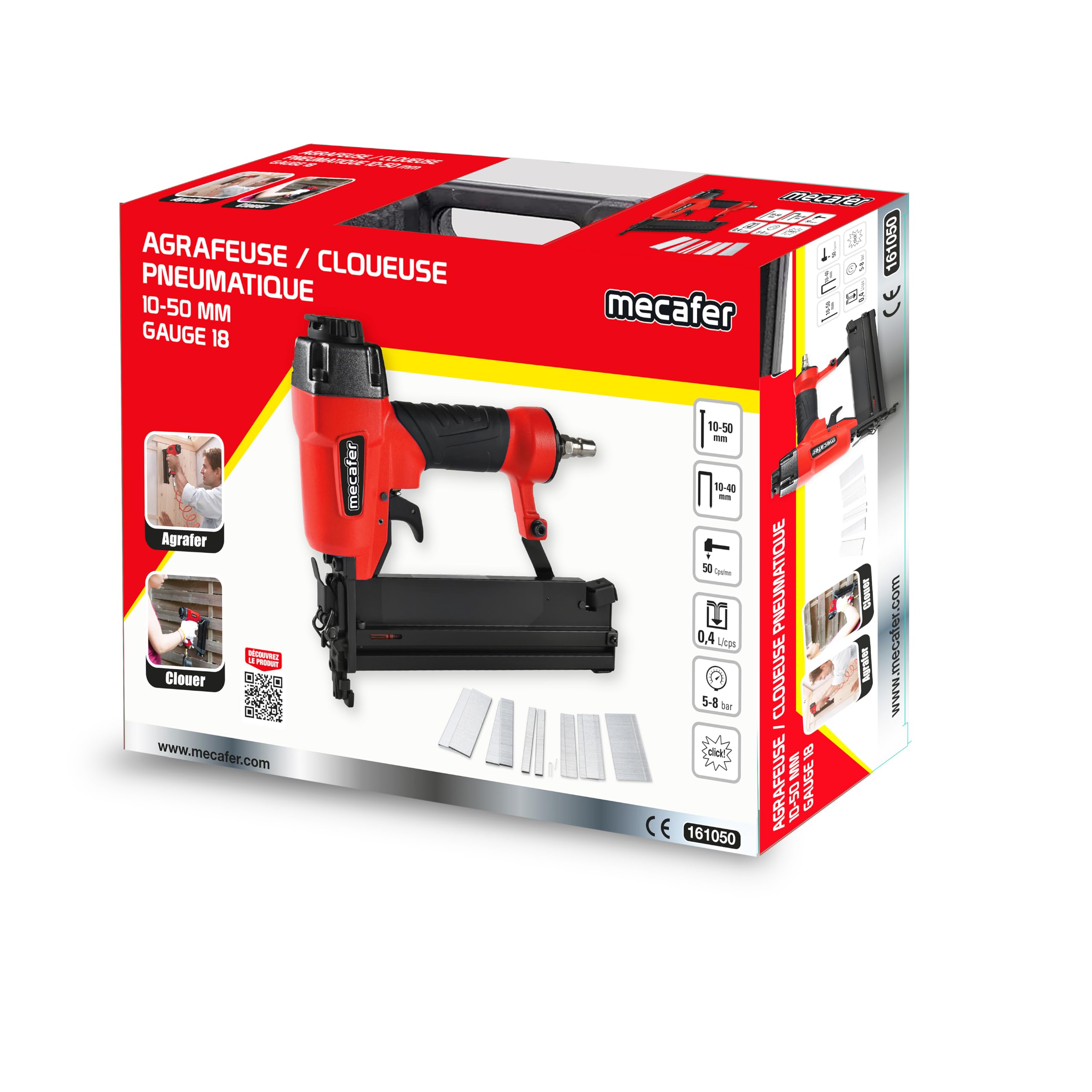 Mecafer Agrafeuse Cloueuse pneumatique avec kit clous et agrafes fournis - Pour agrafes 10-40mm et clous 10-50mm - 161050