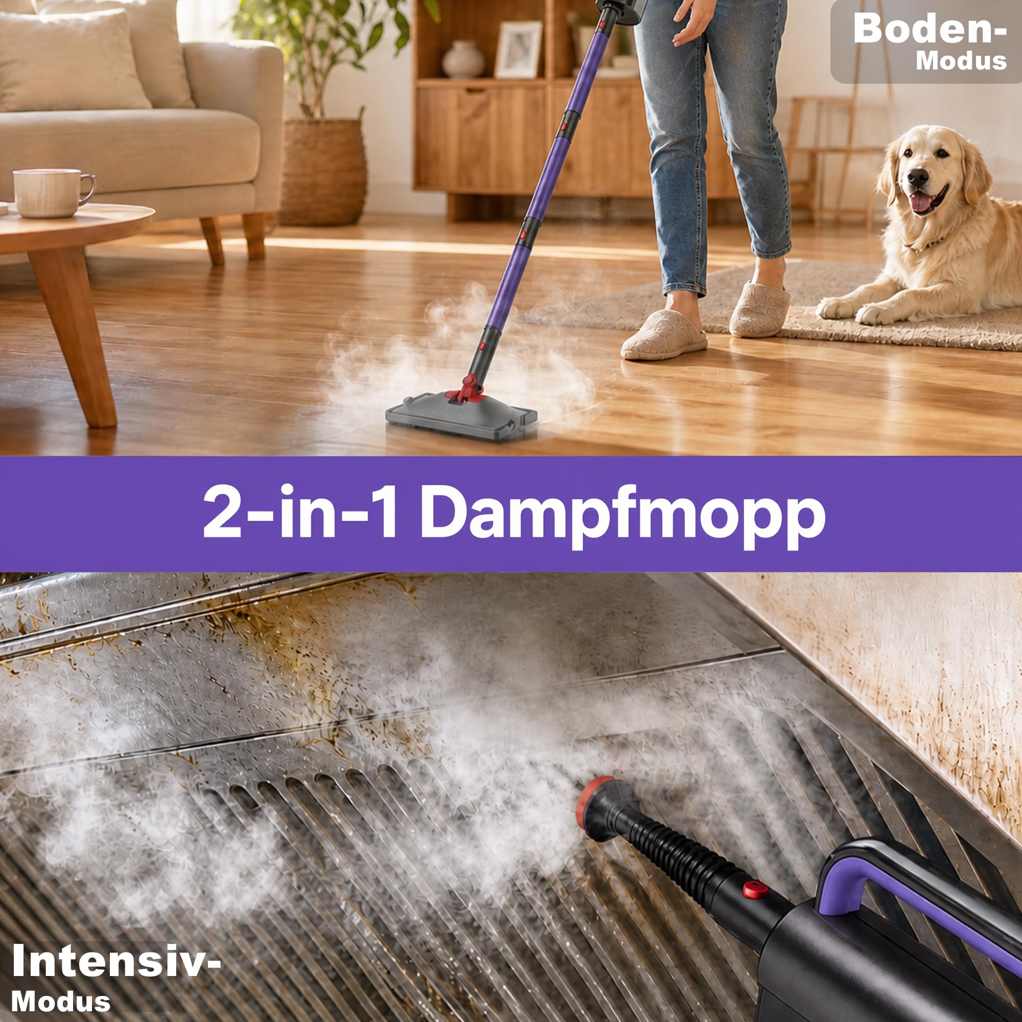 2-in-1 Dampfreiniger,1500W Handgerät,15s Aufheizung | 15s Aufheizung, 8+4 Zubehörteile,5m Kabel & Drehkopf,Leicht & kompakt, Ideal für Wohnungsübergabe & Küchenreinigung