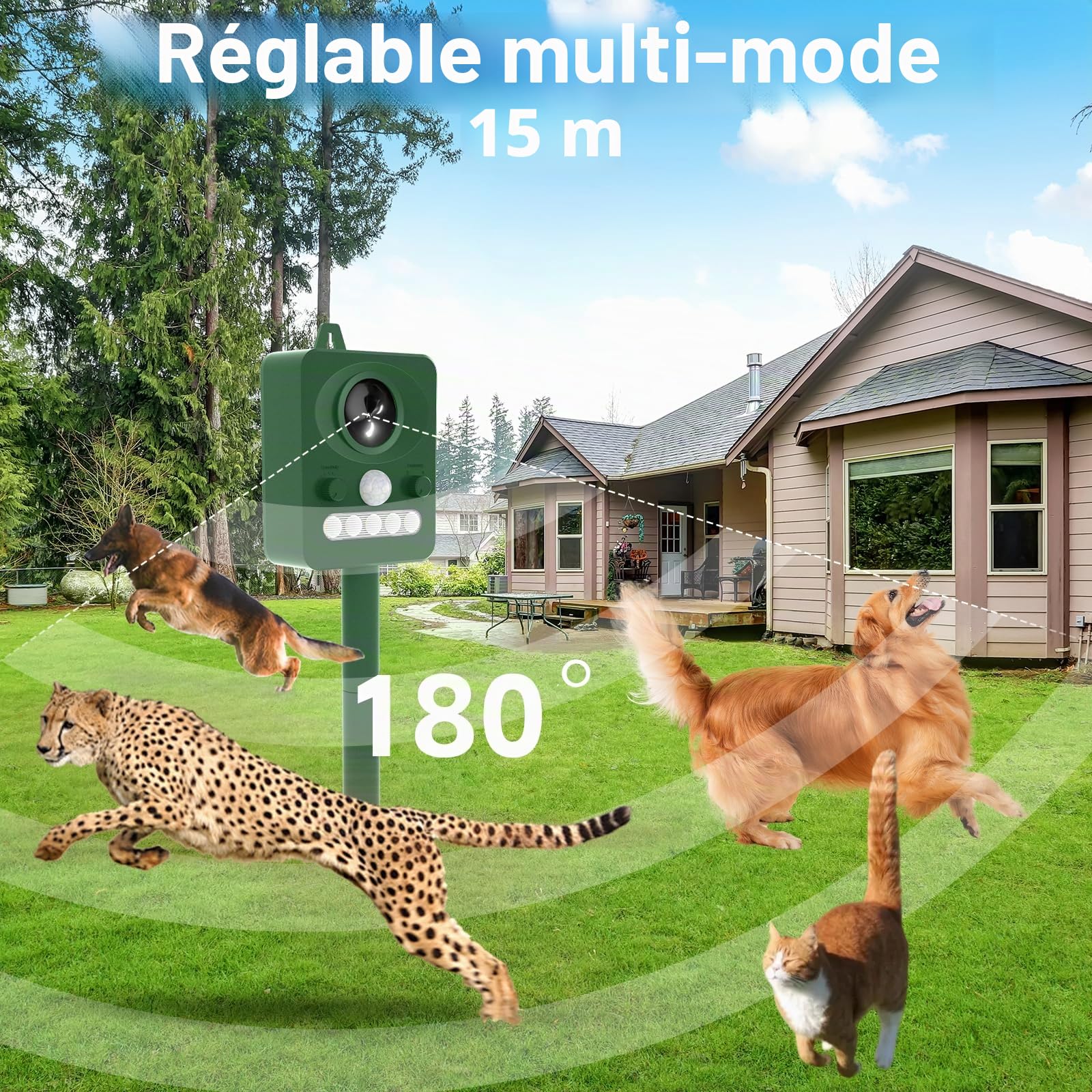 Répulsif Chat Ultrason, Extérieur Puissant et Étanche avec Capteur de Mouvement 15m, Recharge Solaire/USB, Repulsif Chien et Animaux,Anti Pigeons pour Balcon