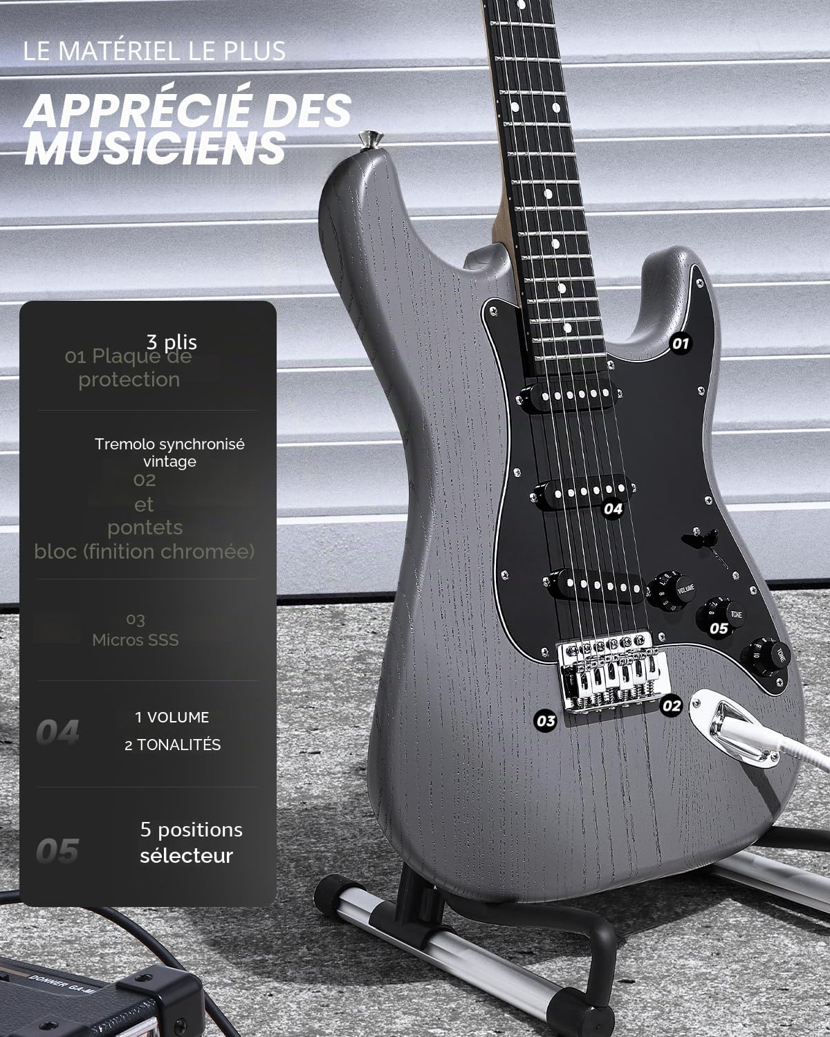 DONNER DST-80 Guitare Électrique Kit Complet pour Débutants 39” avec Amplificateur, Pickups SSS Classiques, Incluant Housse, Accordeur, Capodastre, Sangle, Plectres et Leçons en Ligne Gratuites