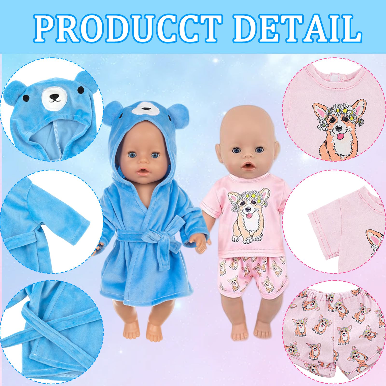 MUNKST 2 Sets Baby Doll Clothes 35-43 cm, Bear Doll Clothes with Pyjamas Underwear Shoes - Image 3