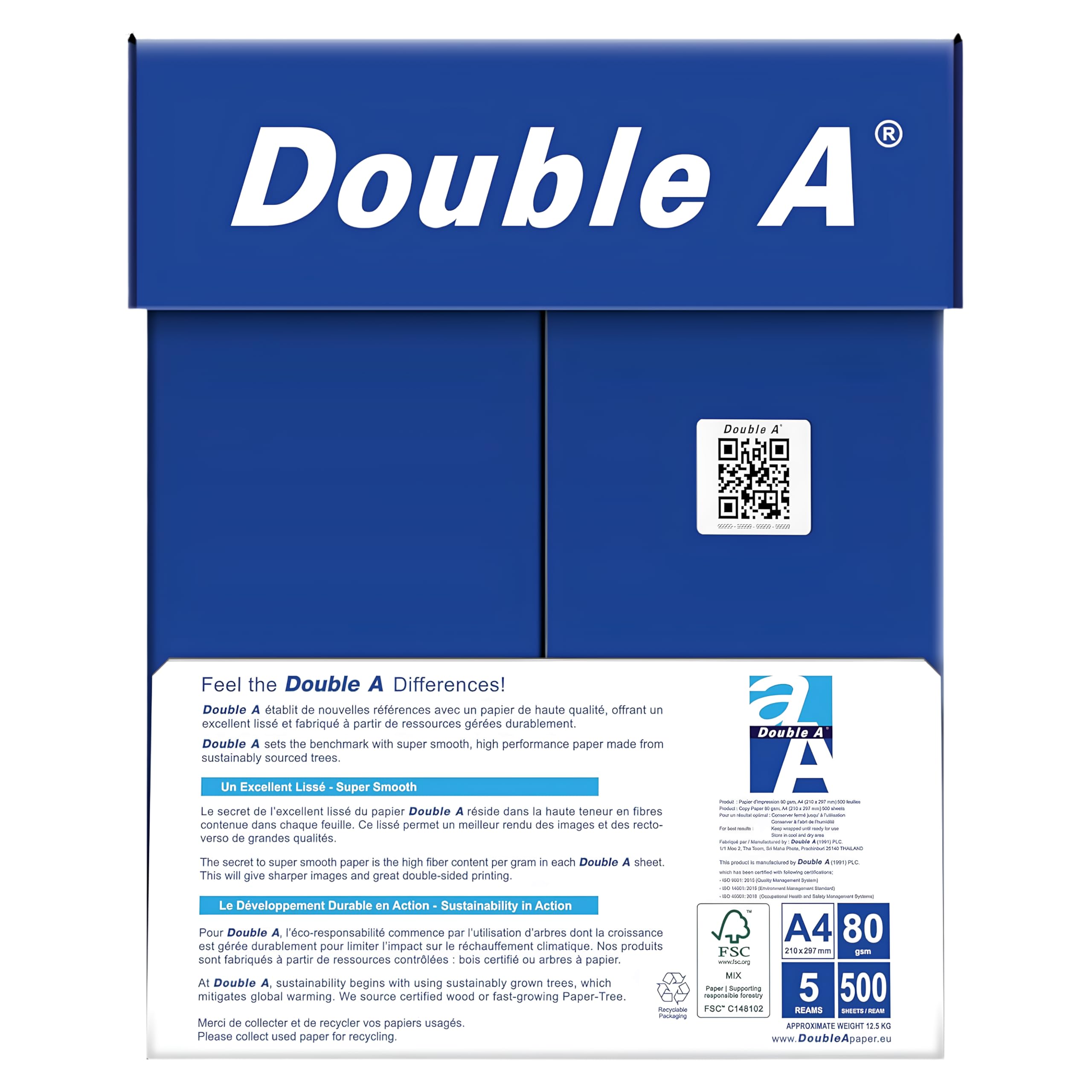 Double A Printbox - Papel para impresora (80 g/m², A4, 2500 hojas), color blanco