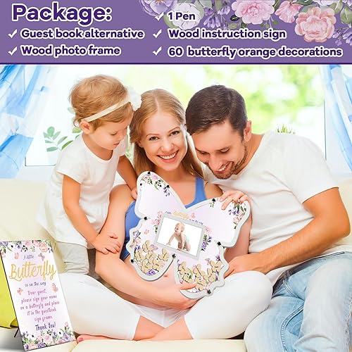 Miniatura 6 de 64 piezas de decoración de mariposa para baby shower, libros de invitados alternativas para baby shower de niña, letrero de madera para baby shower,