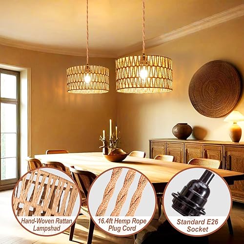 Miniatura 9 de Luces colgantes colgantes con cable enchufable, luces colgantes con pantalla de lámpara de ratán, cuerda de cáñamo de 16.4 pies, accesorio de