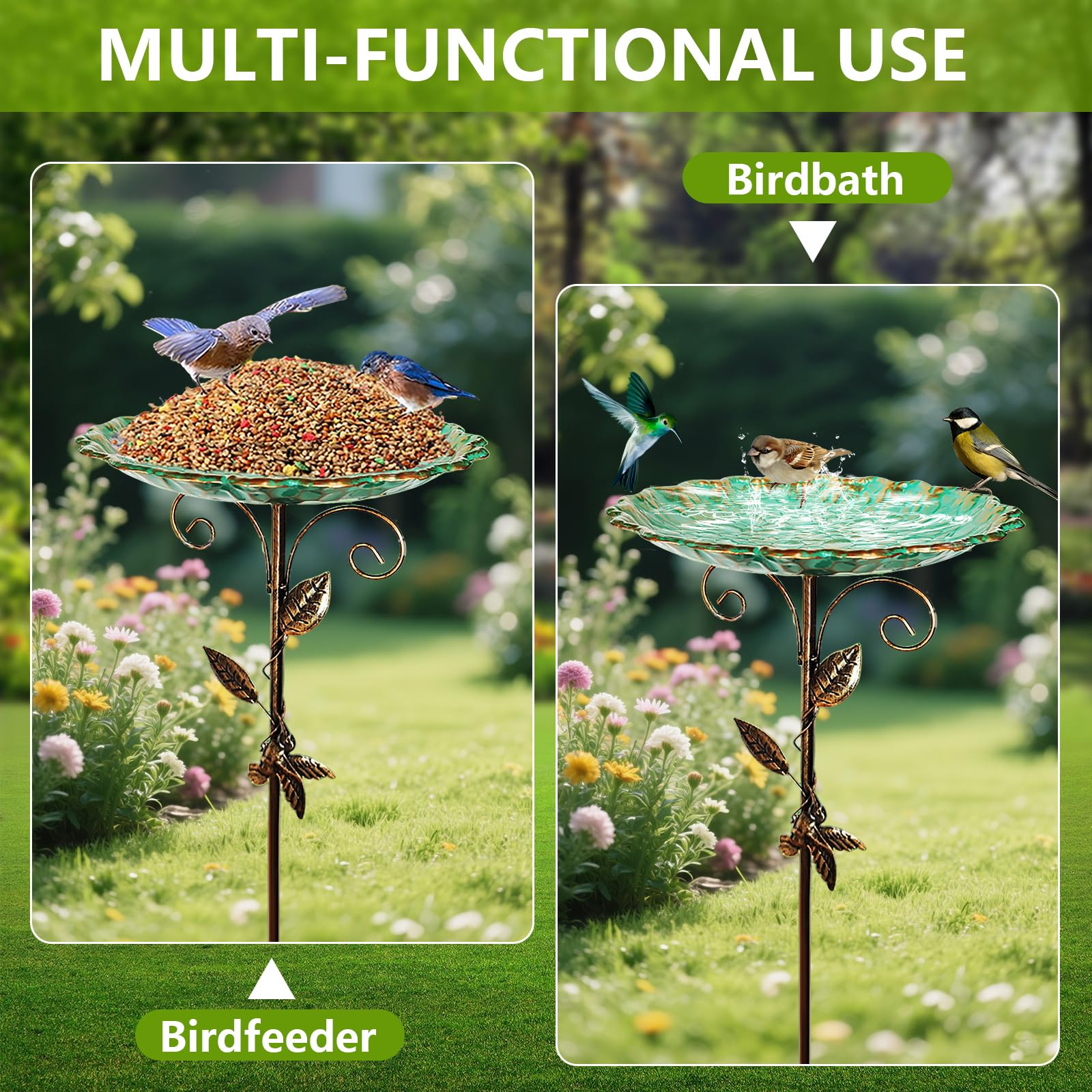 2-in-1 Bodenpfahl Vogeltränke Futterstation, Stehend Vogelbad, Antike Metall Vogel Badewanne, Vogelbecken Futter Schüssel&Pavillon Lebensraum,Wildvögel Wassertränke (26 cm)