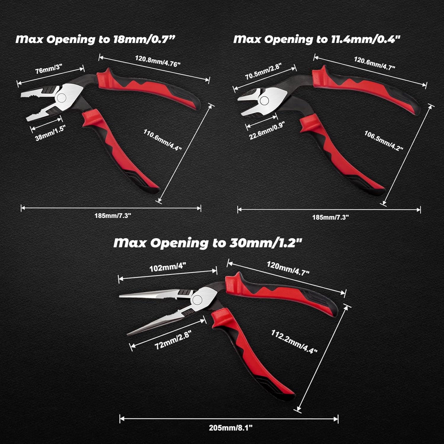 High Leverage Pliers Set - Angled Head 8 Inch Needle Nose & 7 Inch Diagonal Cutting & Combination Pliers - Professional Hand Tool Saving 35 Percent Labour