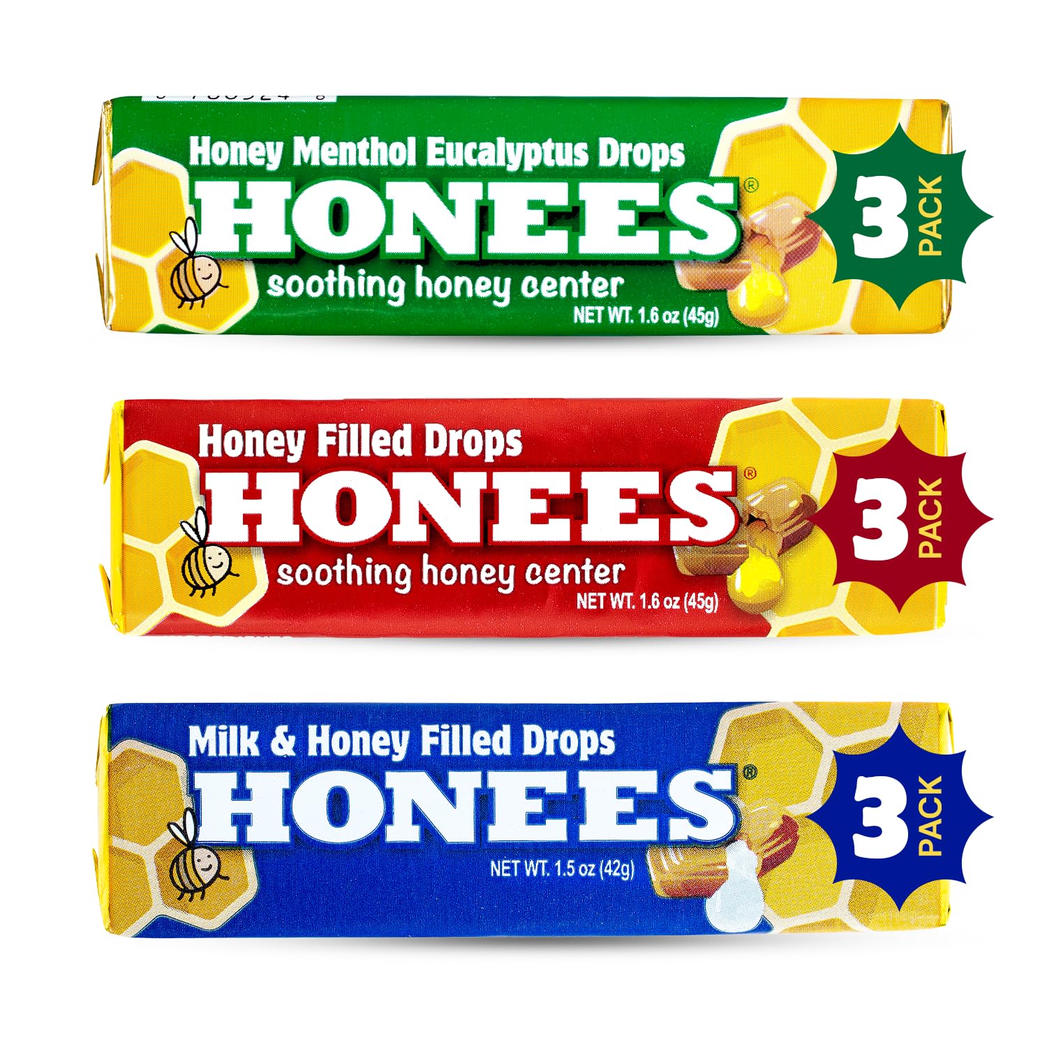 HoneesHoney Drops 3 Flavor 9 Pack Variety Bundle, 3 each: Milk & Honey, Honey Menthol, Honey Filled (9 Count))